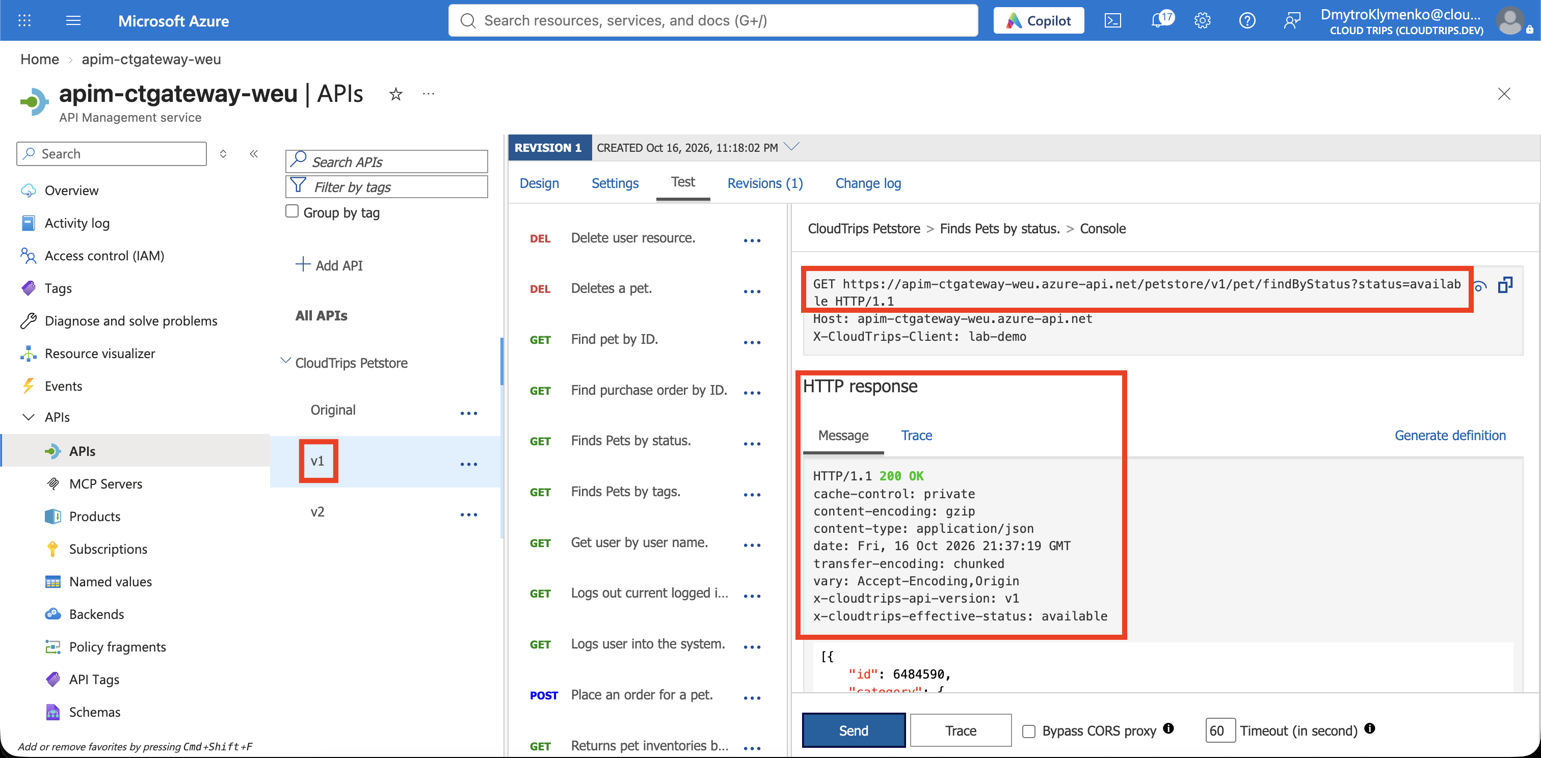 Erfolgreicher v1-Test mit versionierter Anfrage-URL und dem Antwortheader X-CloudTrips-API-Version v1.