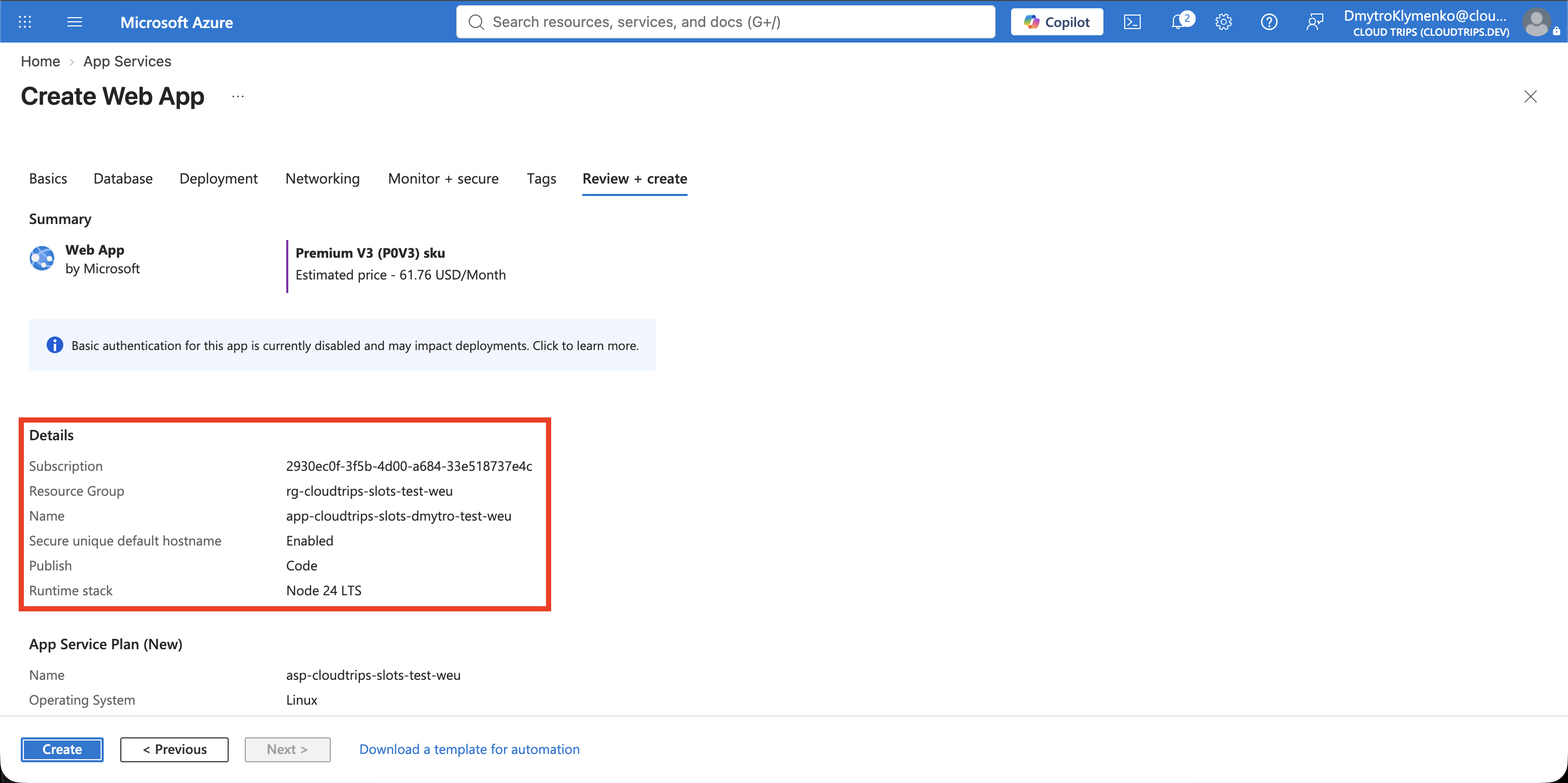 Create Web App page showing the standalone Node 24 Linux app on Premium v3 P0V3