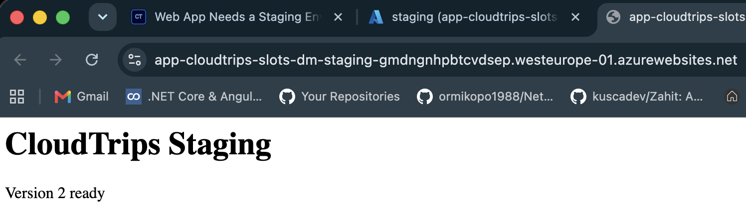 Browser showing Version 2 running at the staging slot hostname