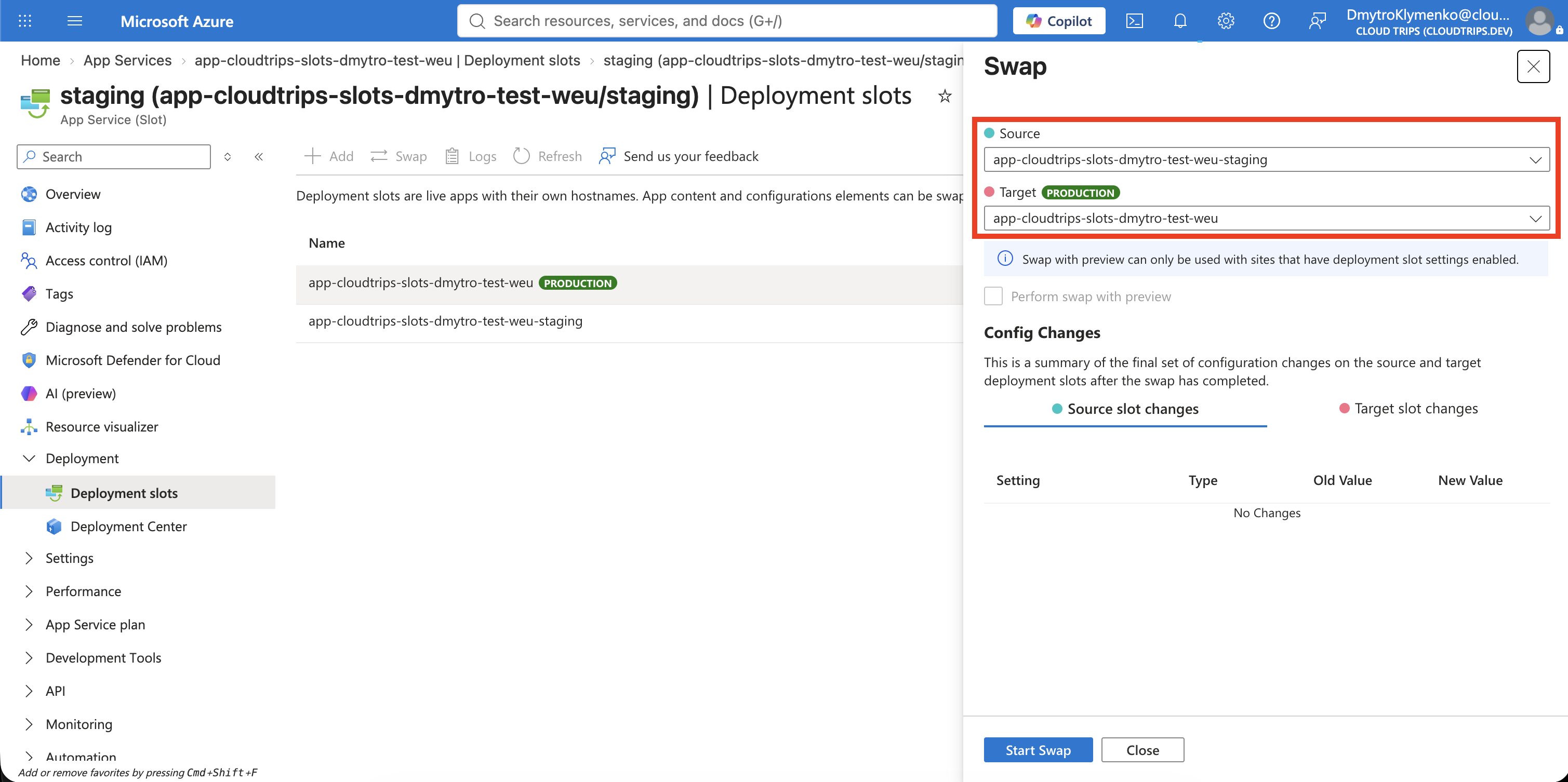 Swap pane showing staging as the source and production as the target