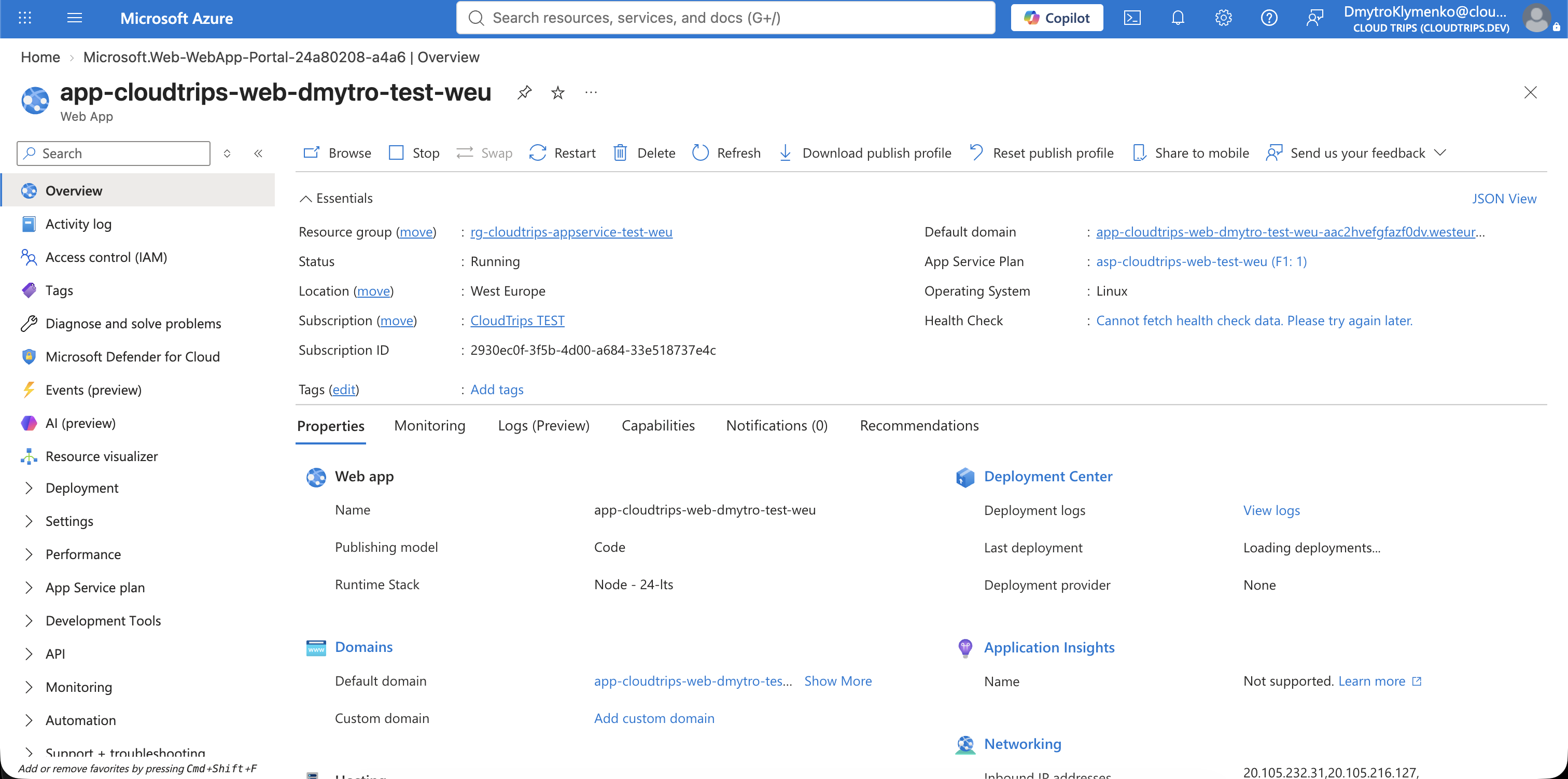 App Service overview showing the running web app and its default azurewebsites.net domain