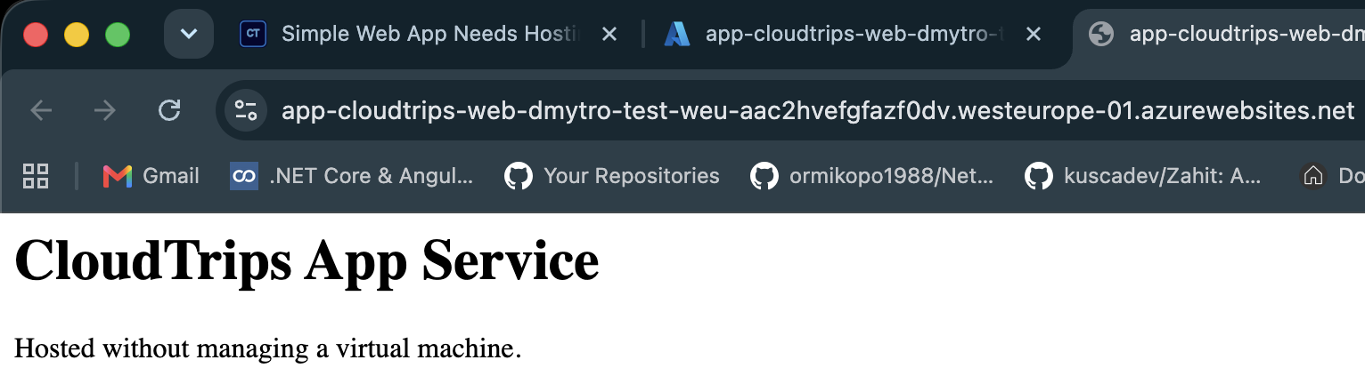 Browser showing the deployed CloudTrips App Service page on the public default domain