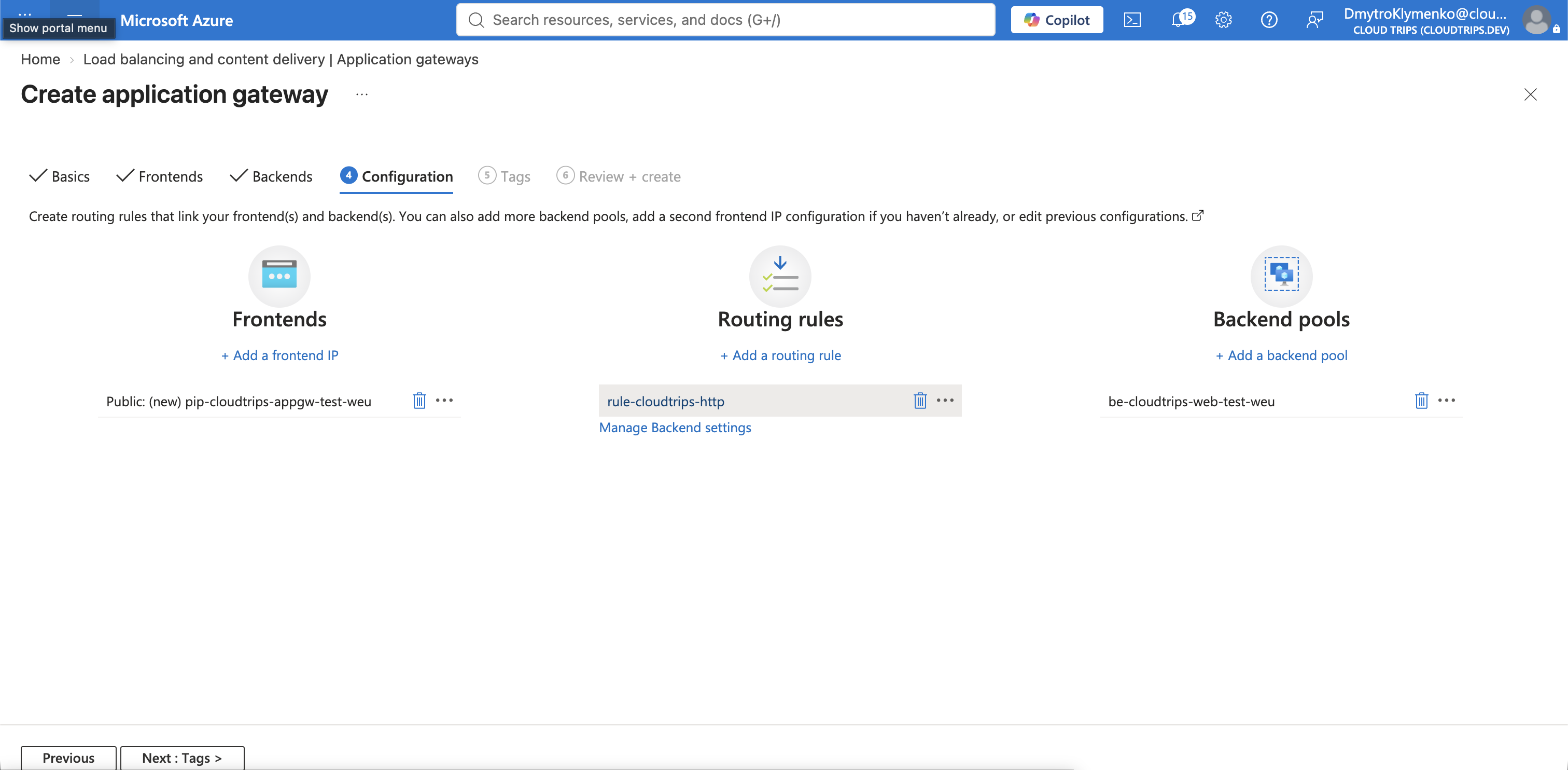Application Gateway configuration showing the public frontend, private backend pool, listener, backend settings, and basic routing rule
