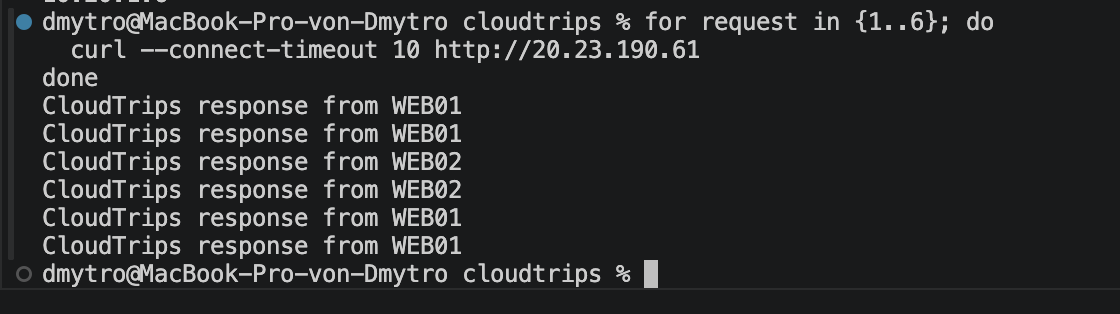 Local terminal showing HTTP requests through the Application Gateway public IP reaching both healthy CloudTrips backends