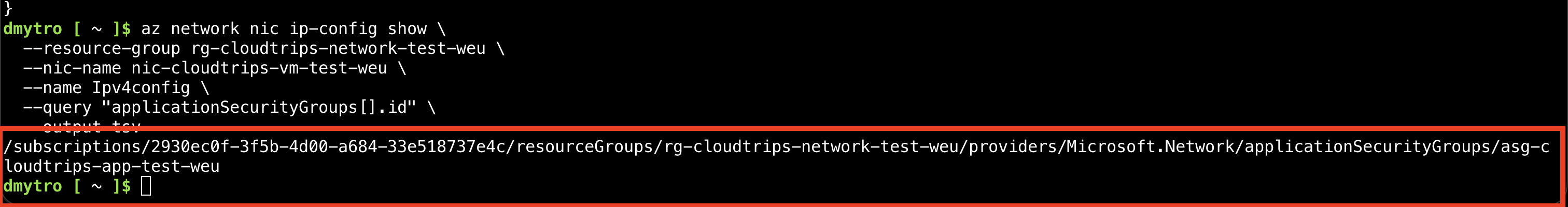 Azure Cloud Shell mit der eigenständigen NIC in der CloudTrips Application Security Group