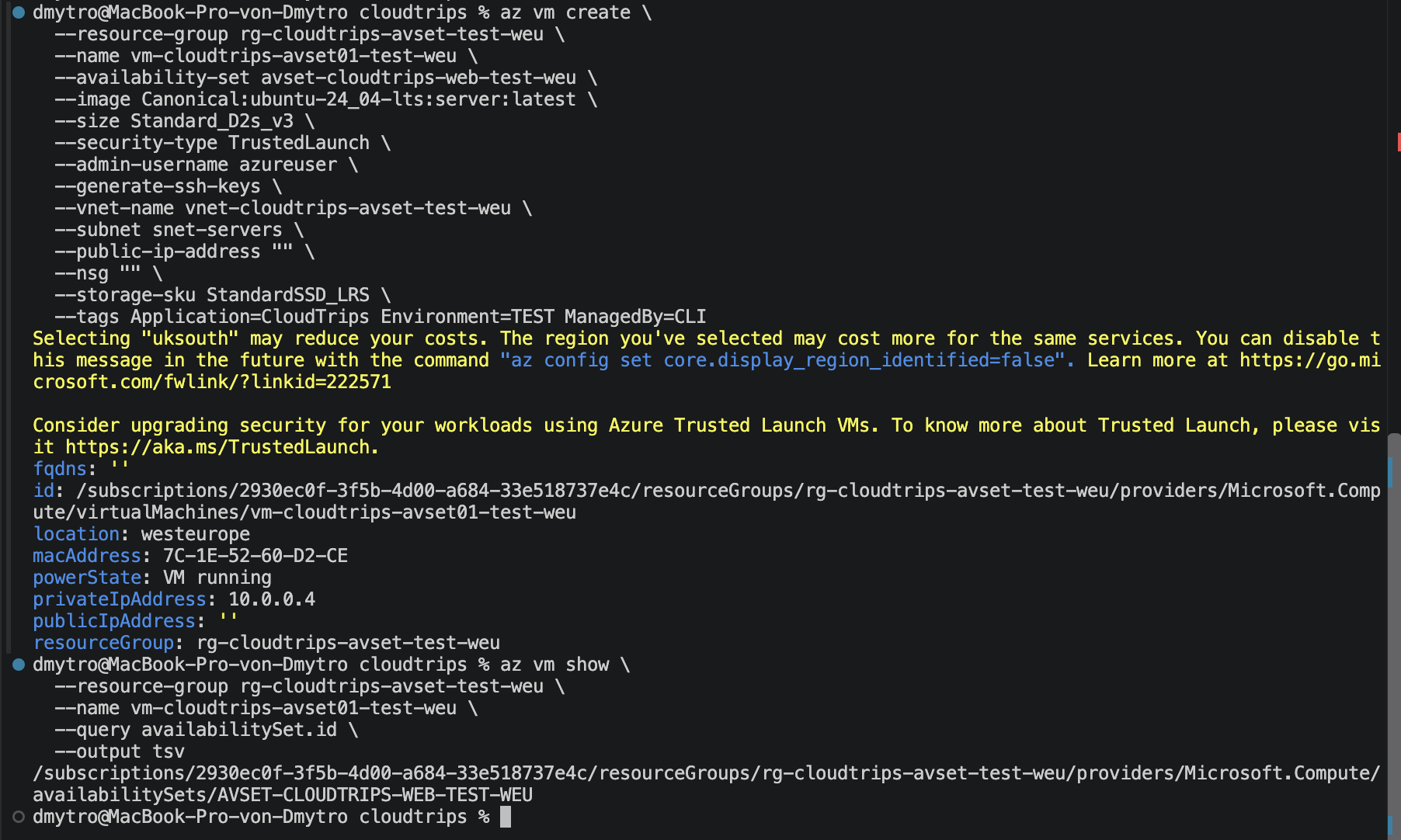 Cloud Shell showing successful creation and availability-set assignment of the first VM