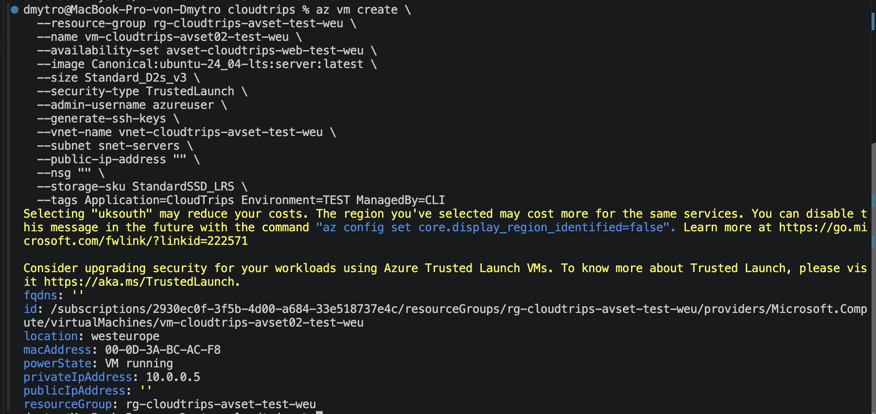 Cloud Shell showing successful creation of the second VM in the same availability set