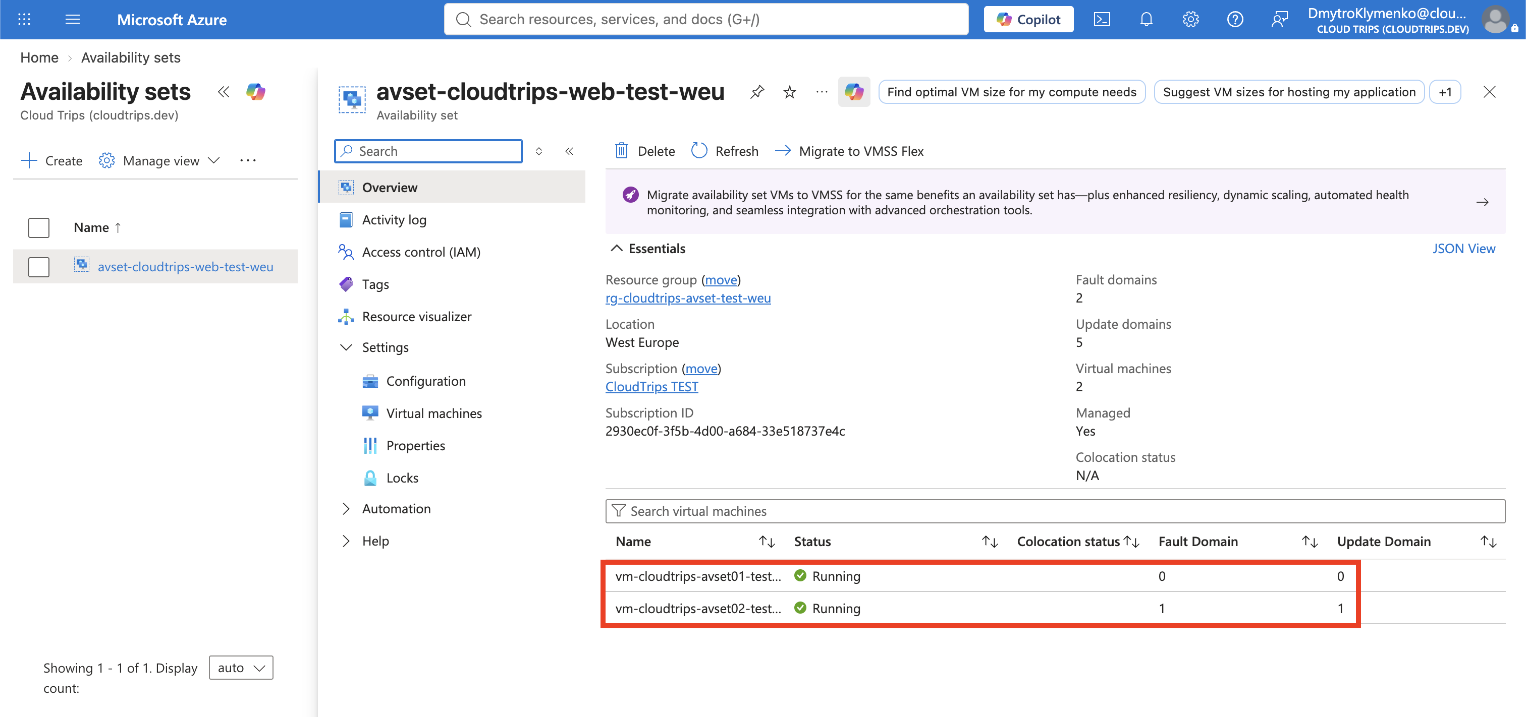 Availability set showing both VMs in separate fault and update domains