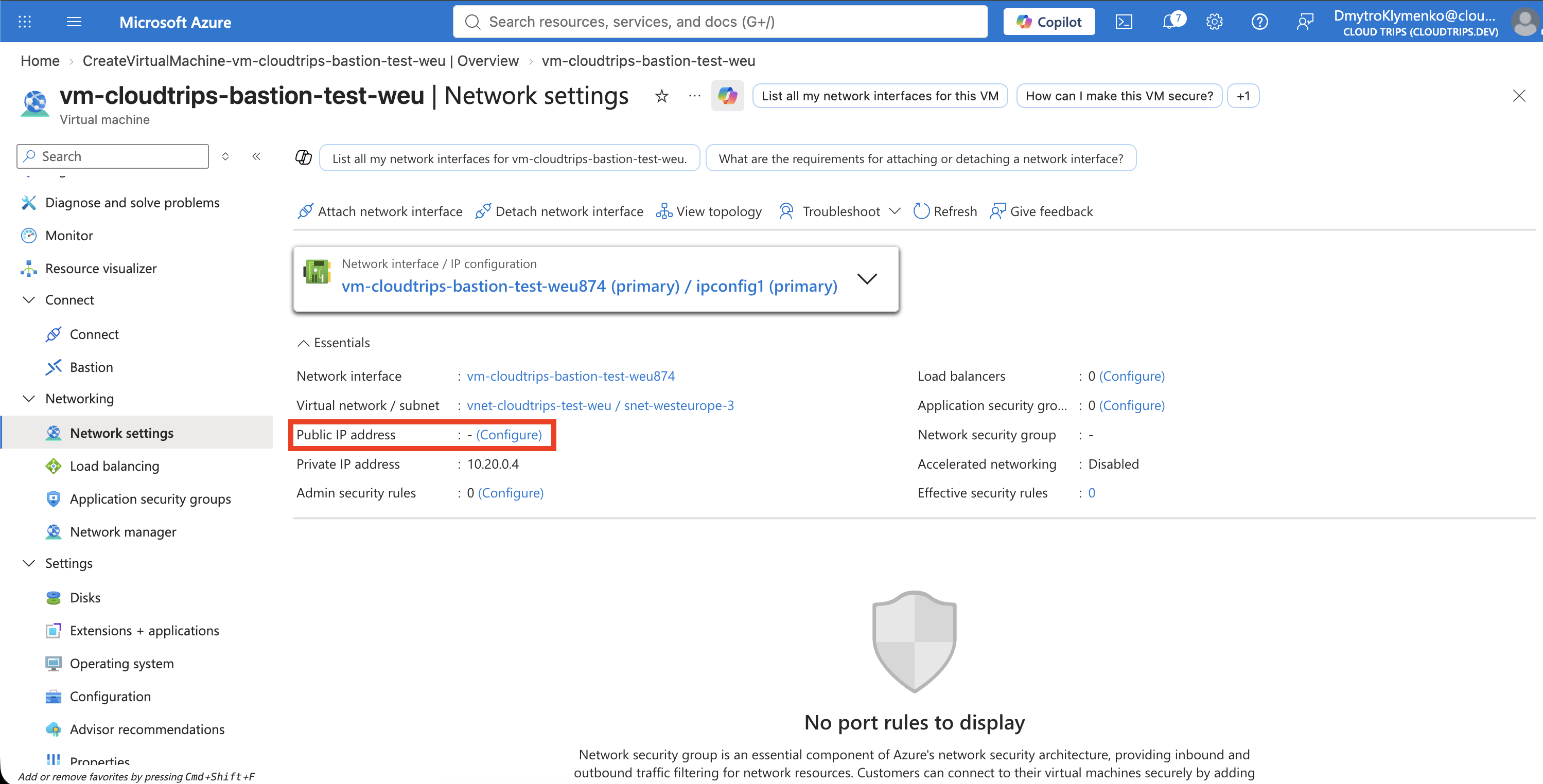 CloudTrips Bastion test VM overview showing a private IP and no public IP