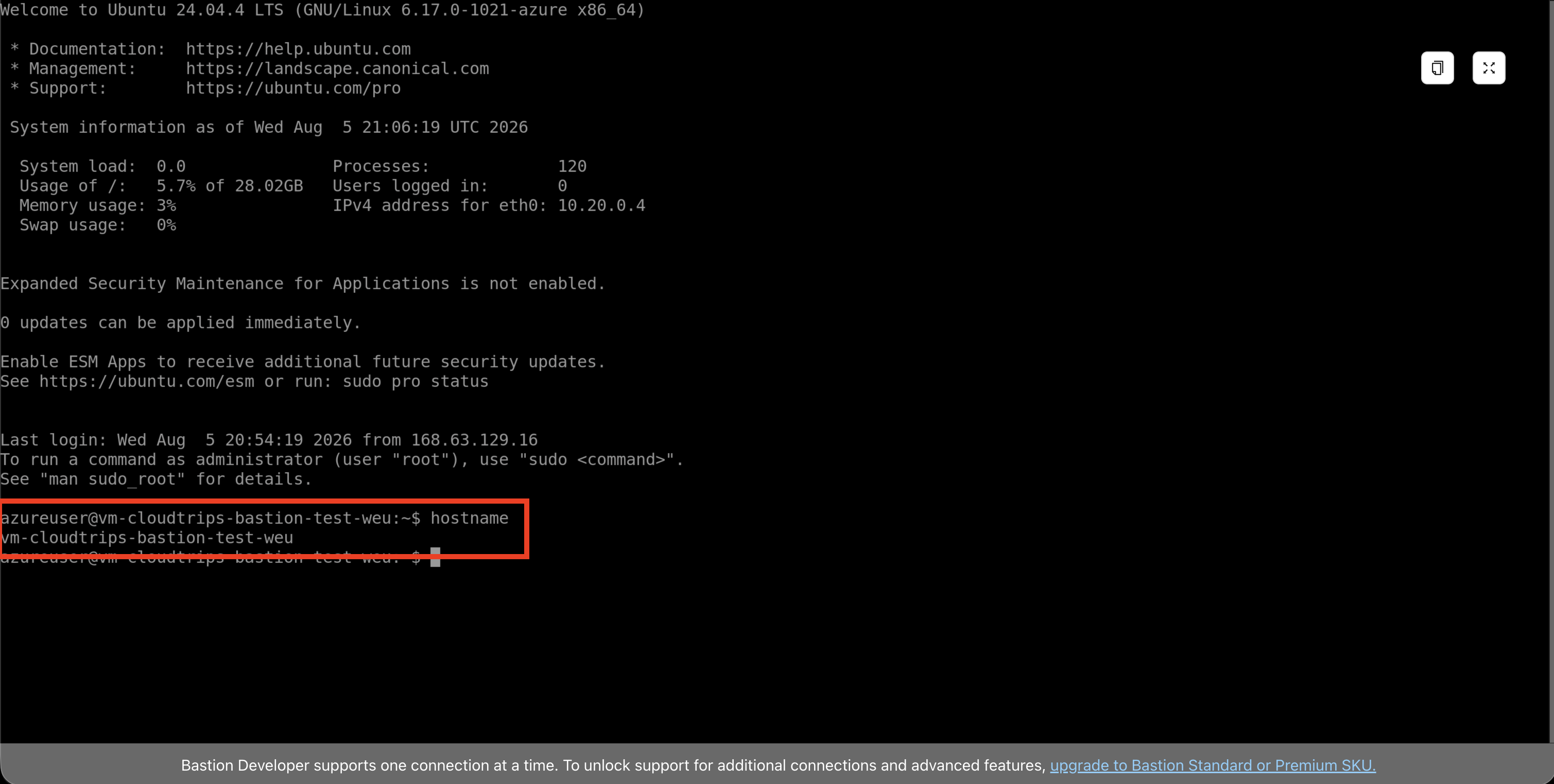 Browser-based Azure Bastion SSH session showing the hostname of the private CloudTrips VM