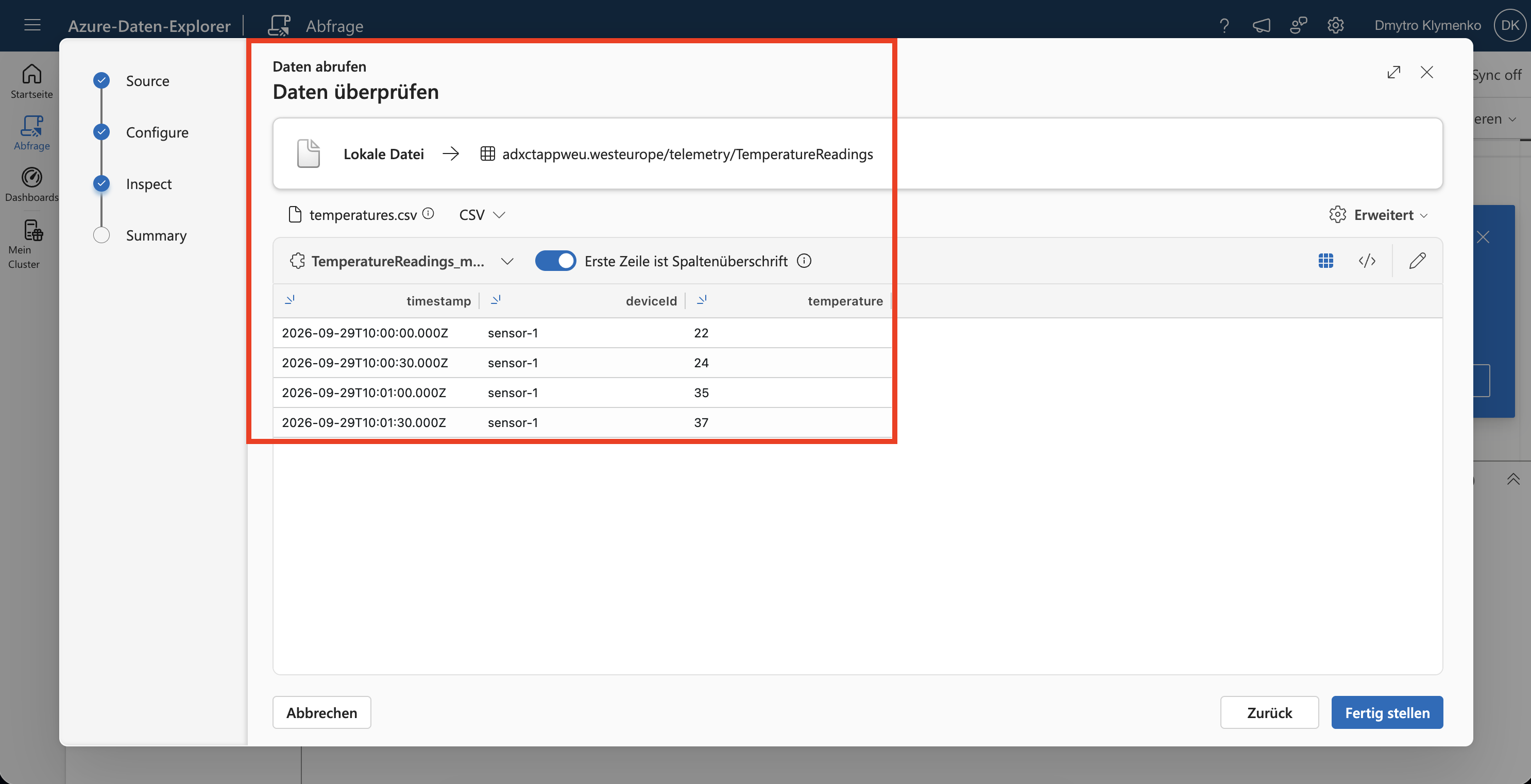 Data Explorer ingestion preview showing four temperature records with datetime, string, and real columns