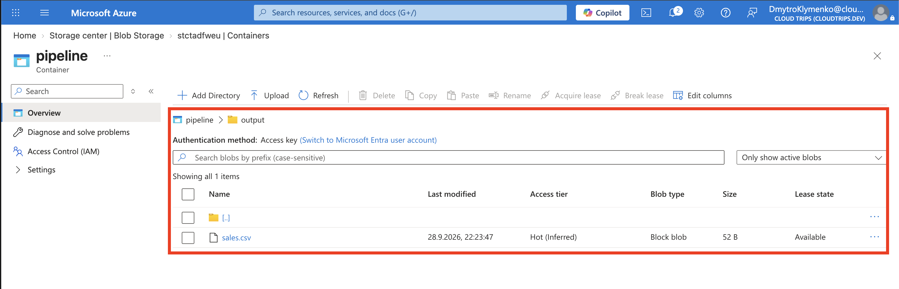 Speichercontainer pipeline mit sales.csv im Ordner output