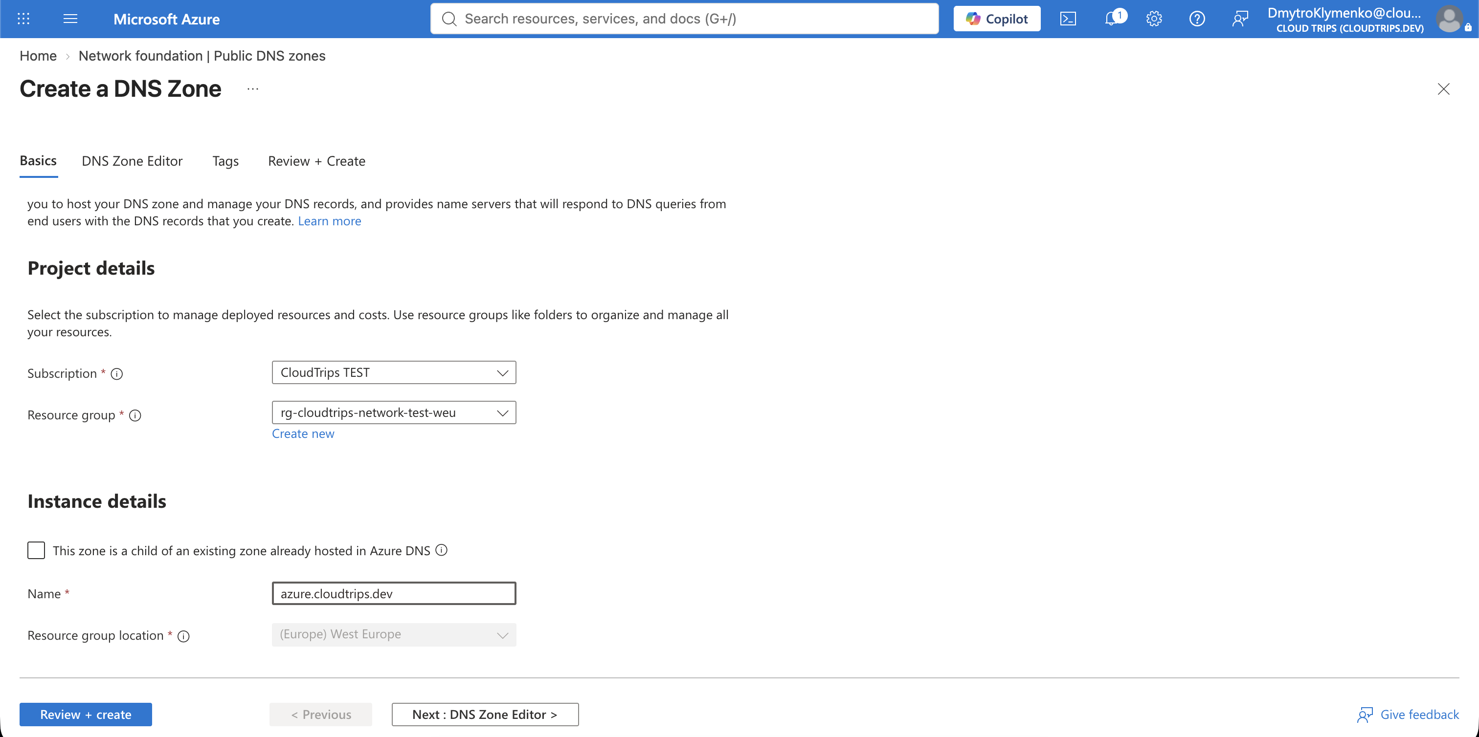 Azure portal Create DNS zone page configured for the delegated azure.cloudtrips.dev child zone