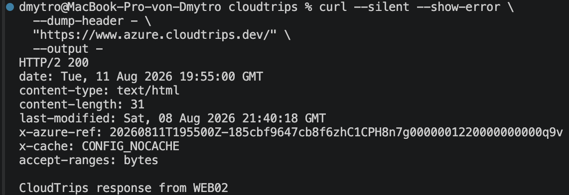 Local terminal showing successful HTTPS and the Front Door managed certificate details for www.azure.cloudtrips.dev