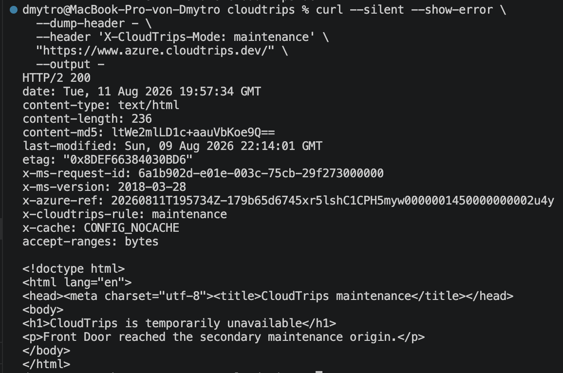 Local terminal showing the maintenance rule response through www.azure.cloudtrips.dev