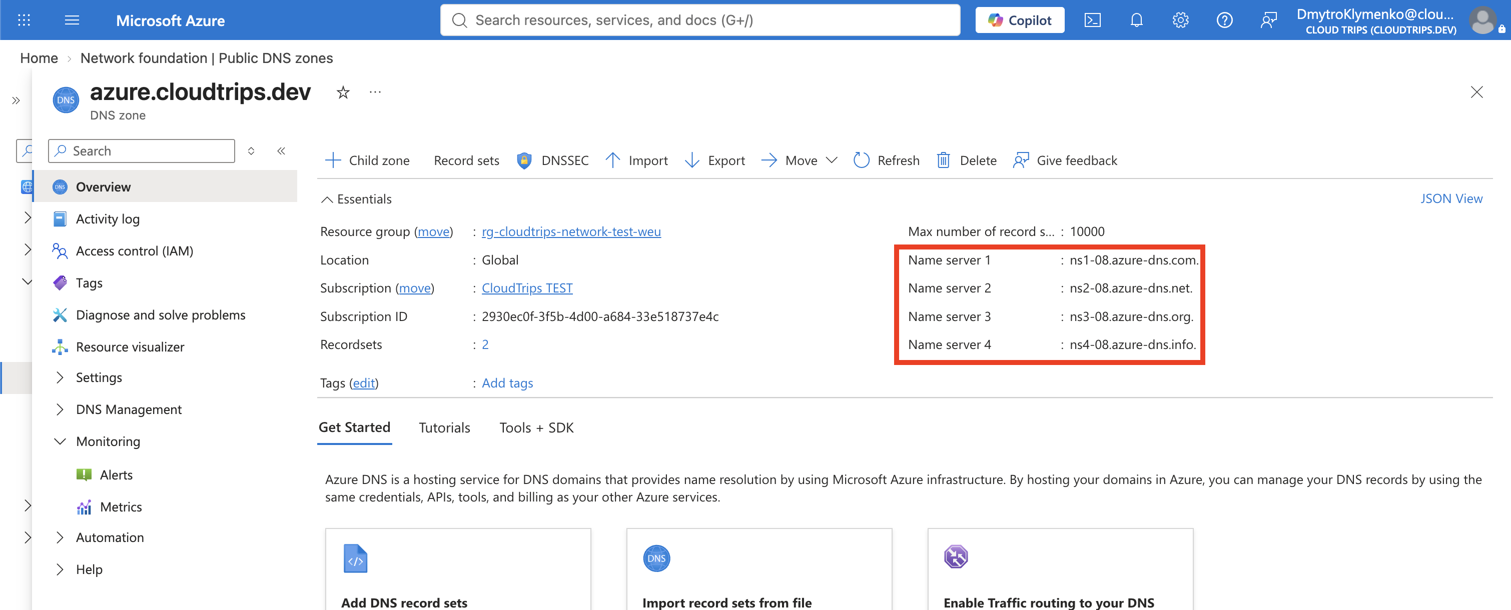Azure DNS zone overview showing the four authoritative name servers assigned to azure.cloudtrips.dev