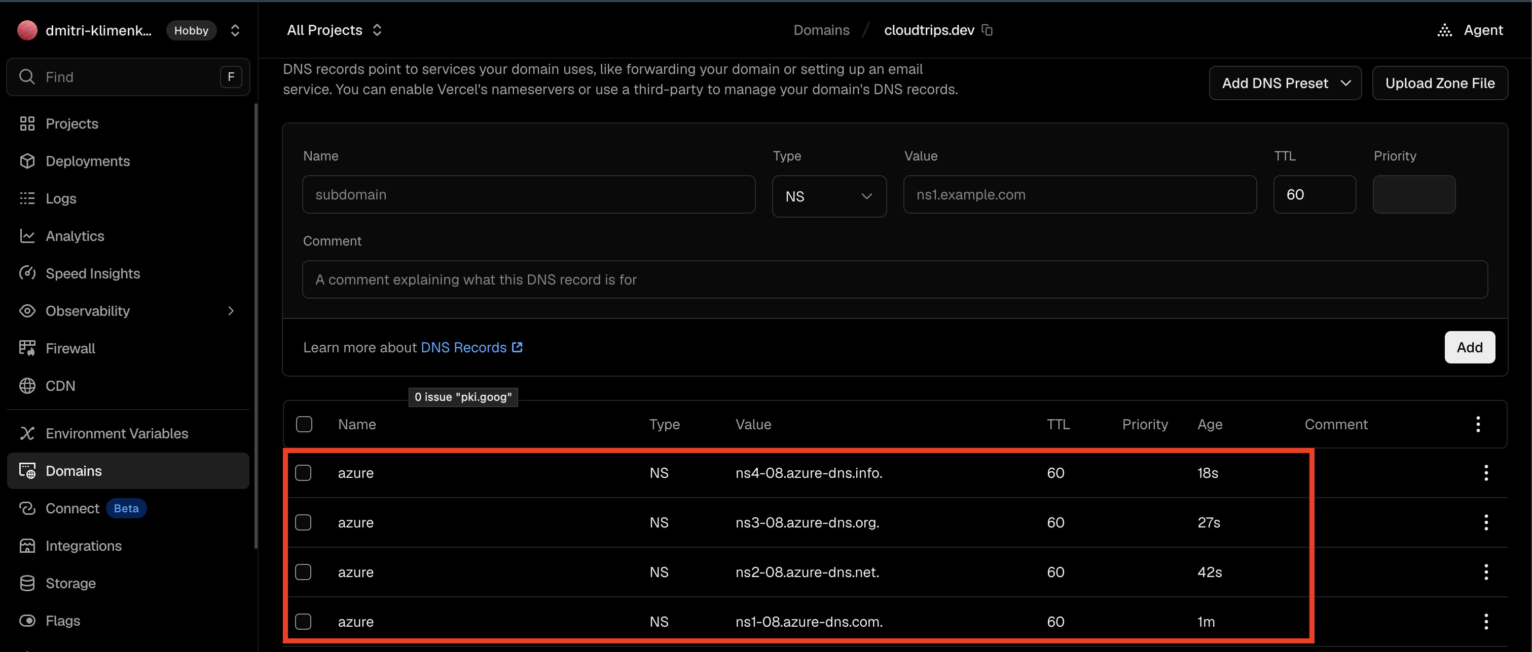 Vercel DNS settings showing four azure NS records that delegate the child zone to Azure DNS