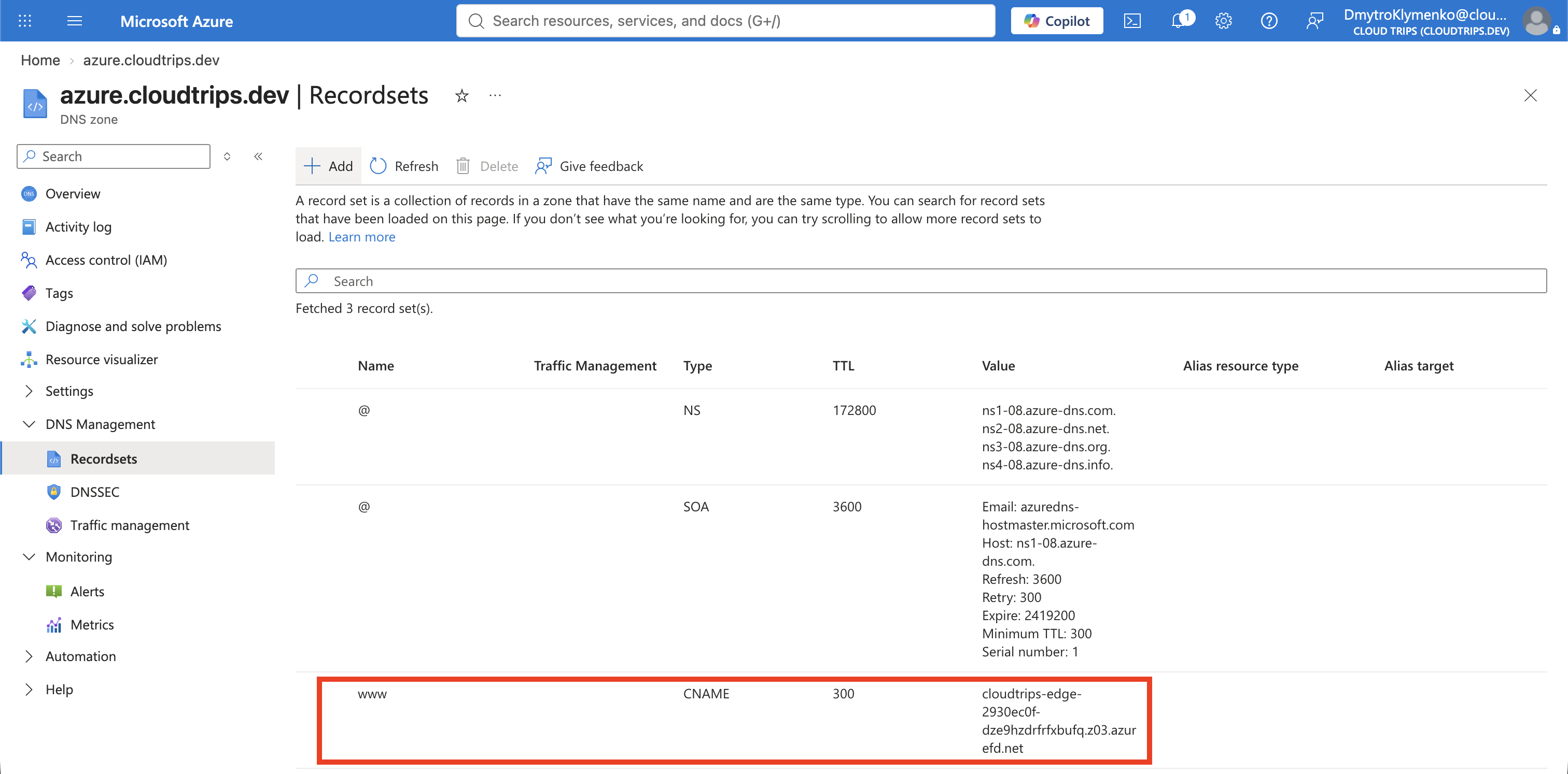 Azure DNS record set showing www as a CNAME to the generated CloudTrips Front Door hostname