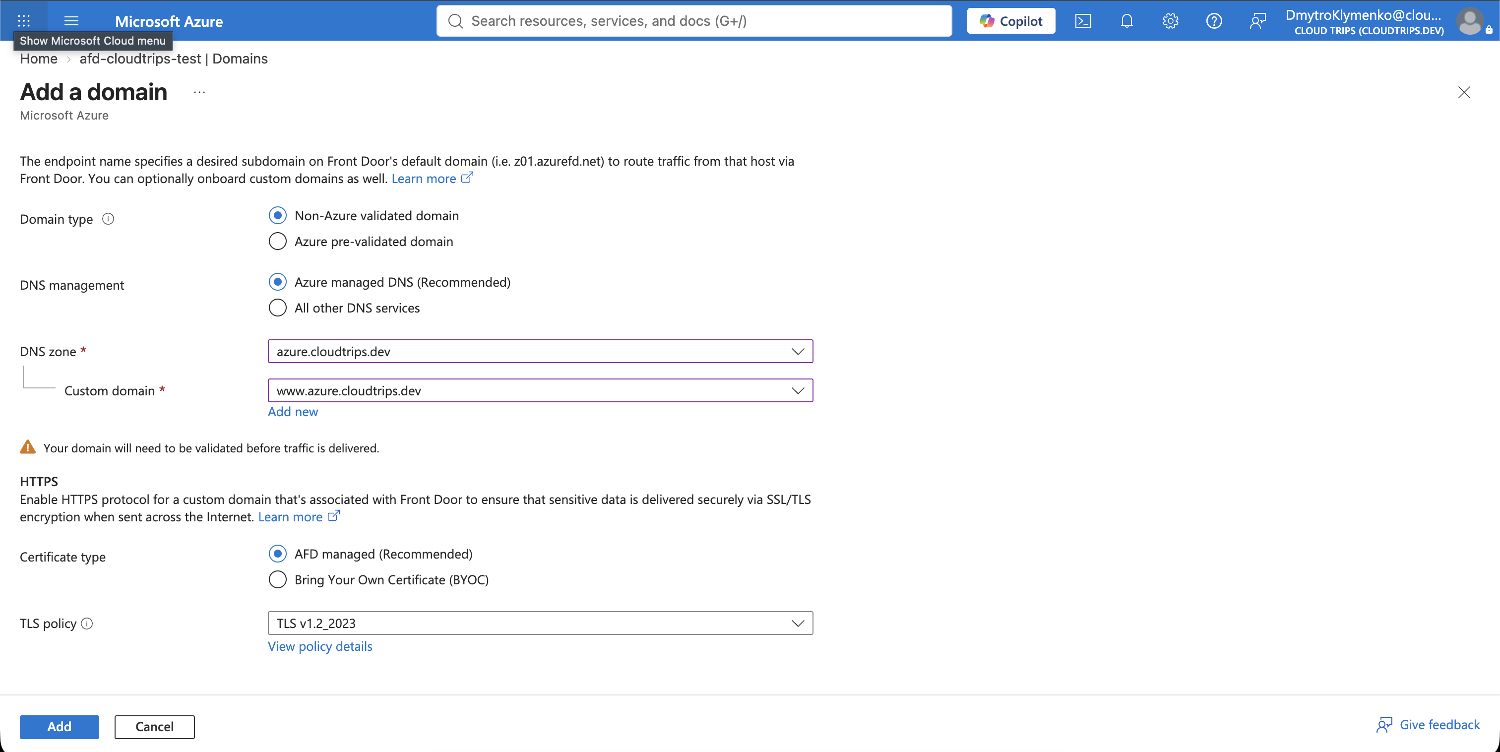 Azure Front Door Add a domain pane configured for www.azure.cloudtrips.dev with Azure-managed DNS and an AFD-managed certificate