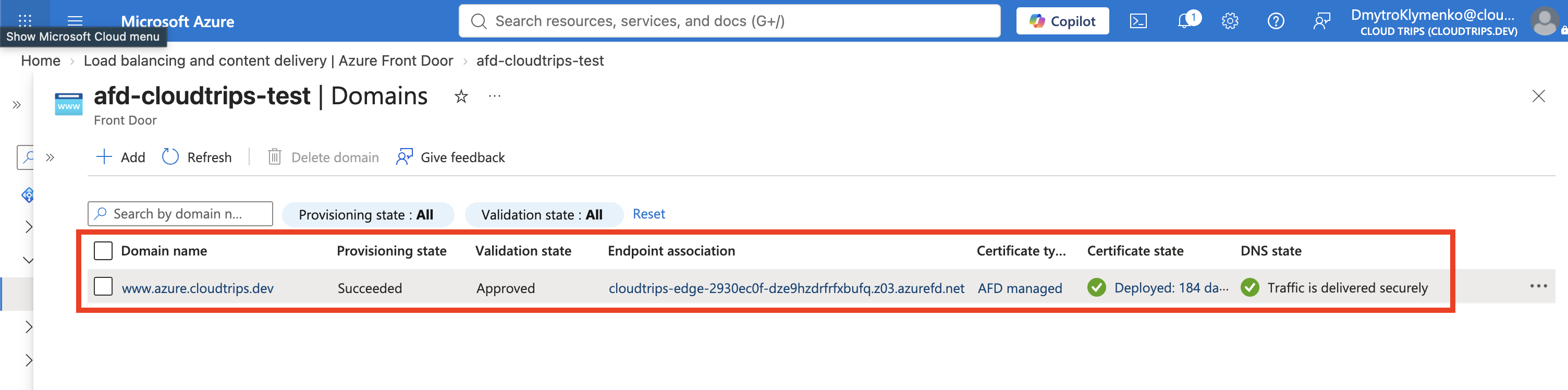 Azure Front Door custom domain associated with the CloudTrips endpoint and route-cloudtrips-all