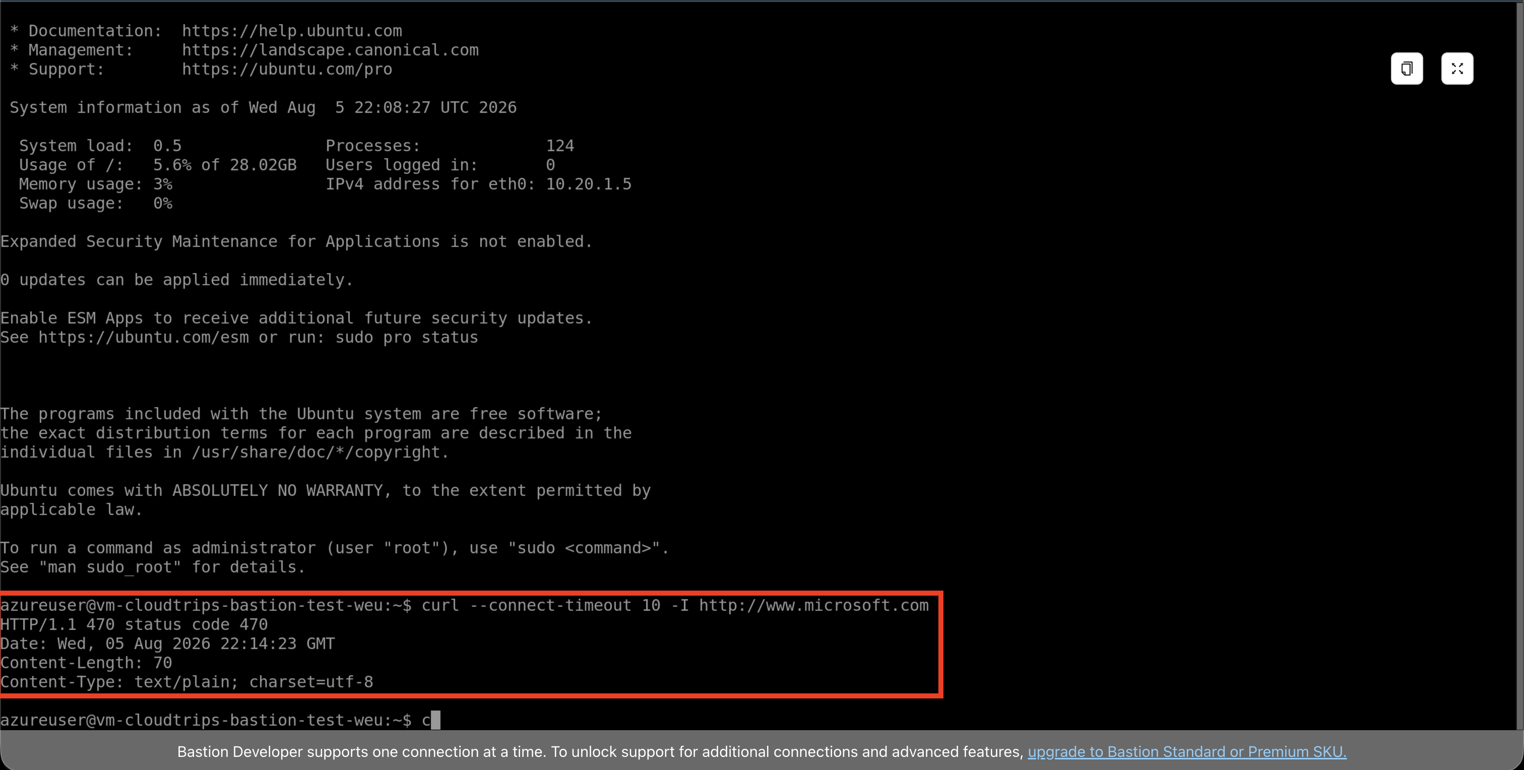 Bastion SSH session showing HTTP status 470 after Azure Firewall blocks the outbound request