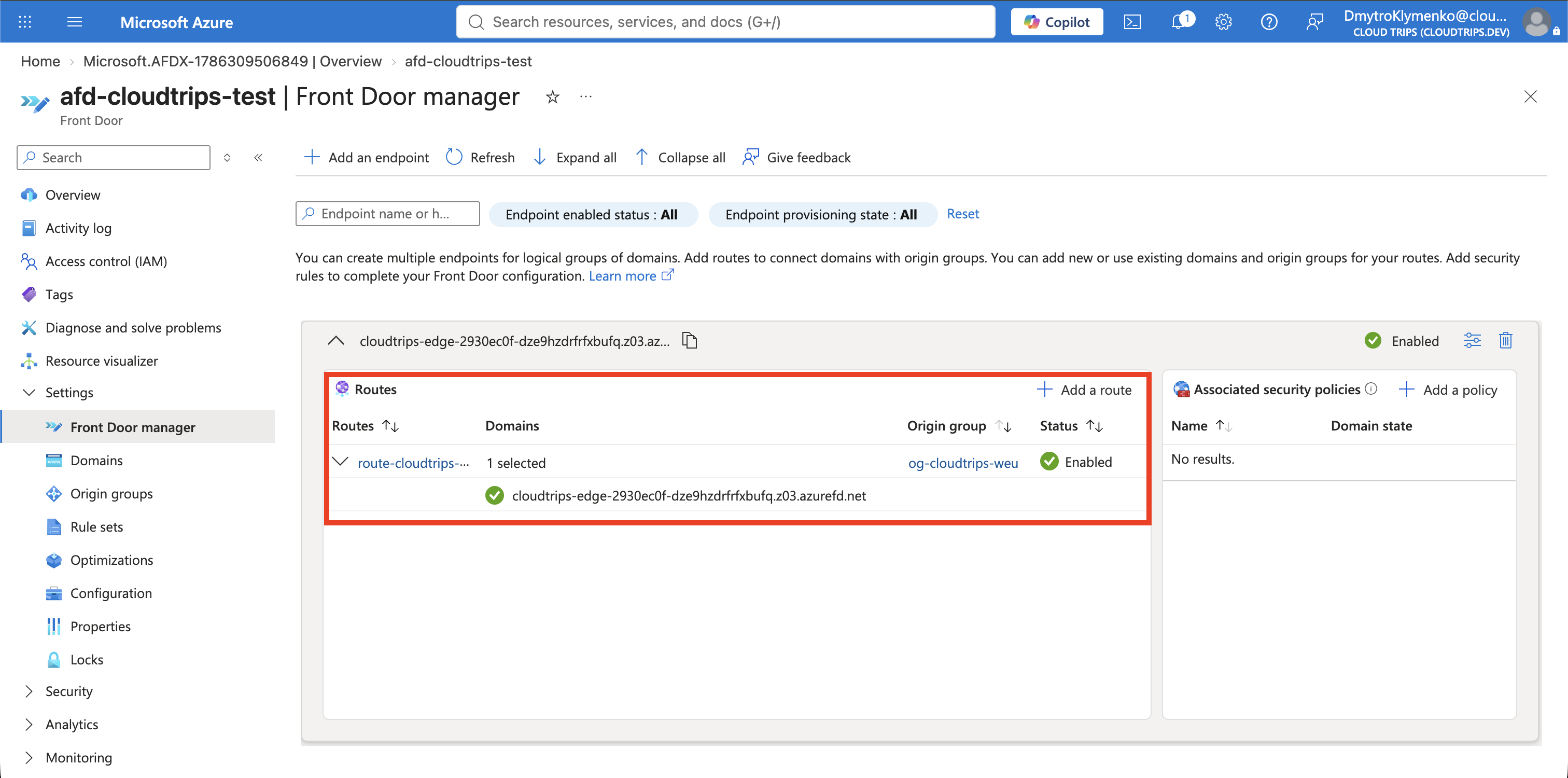 CloudTrips Azure Front Door manager showing the enabled edge endpoint and route to the West Europe origin group