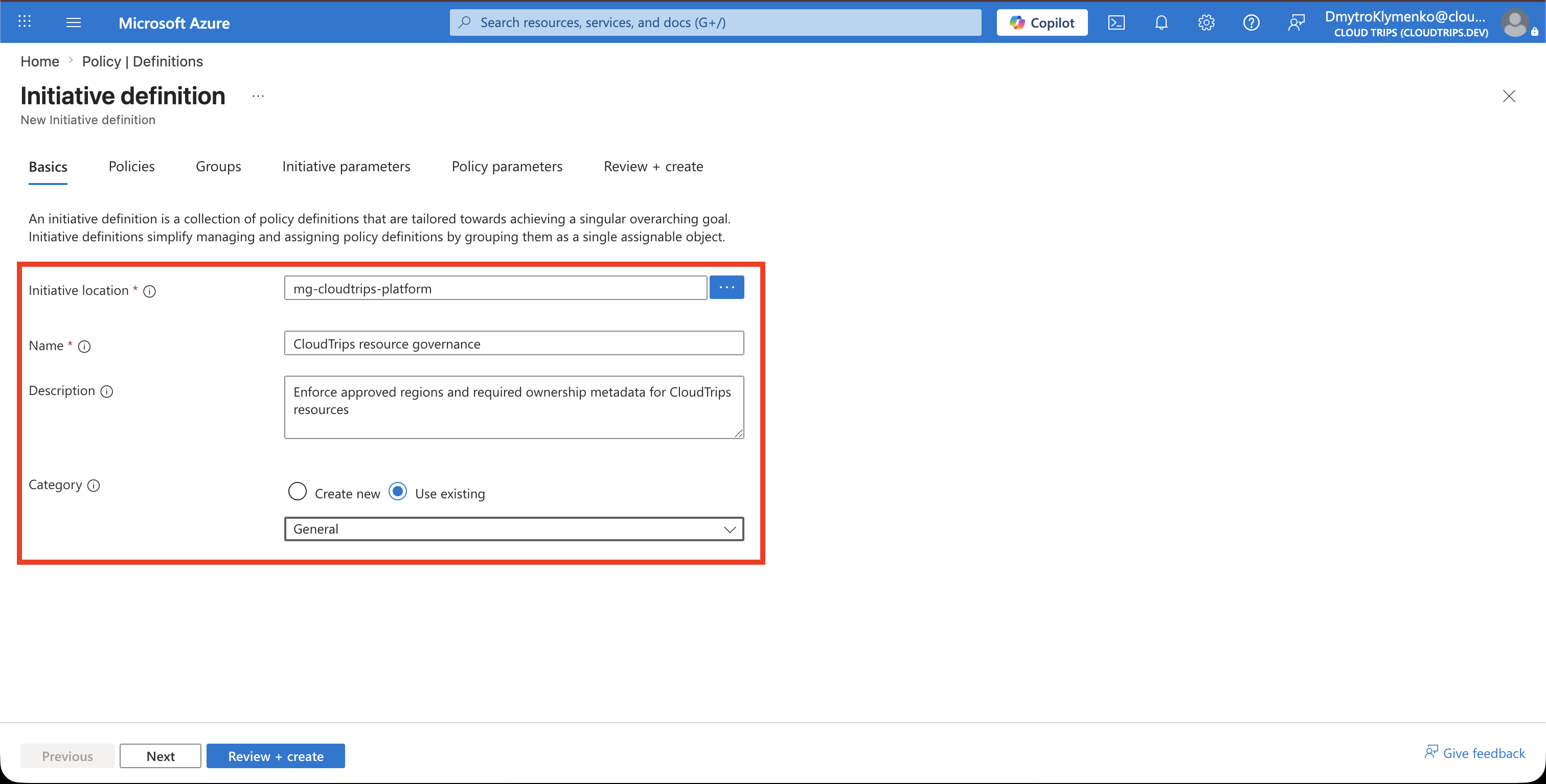 New initiative definition configured for Azure subscription 1