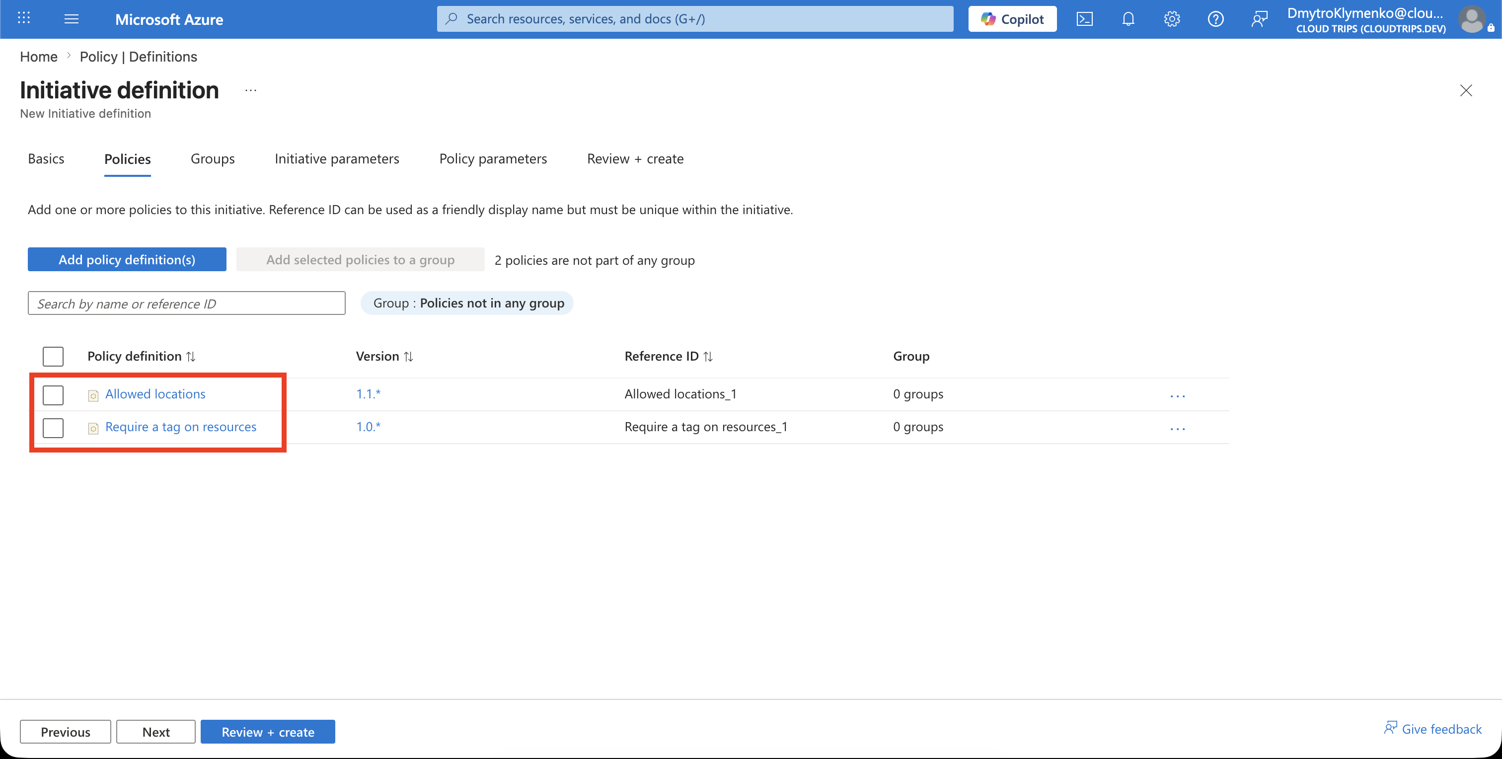 CloudTrips initiative containing Allowed locations and Require a tag on resources