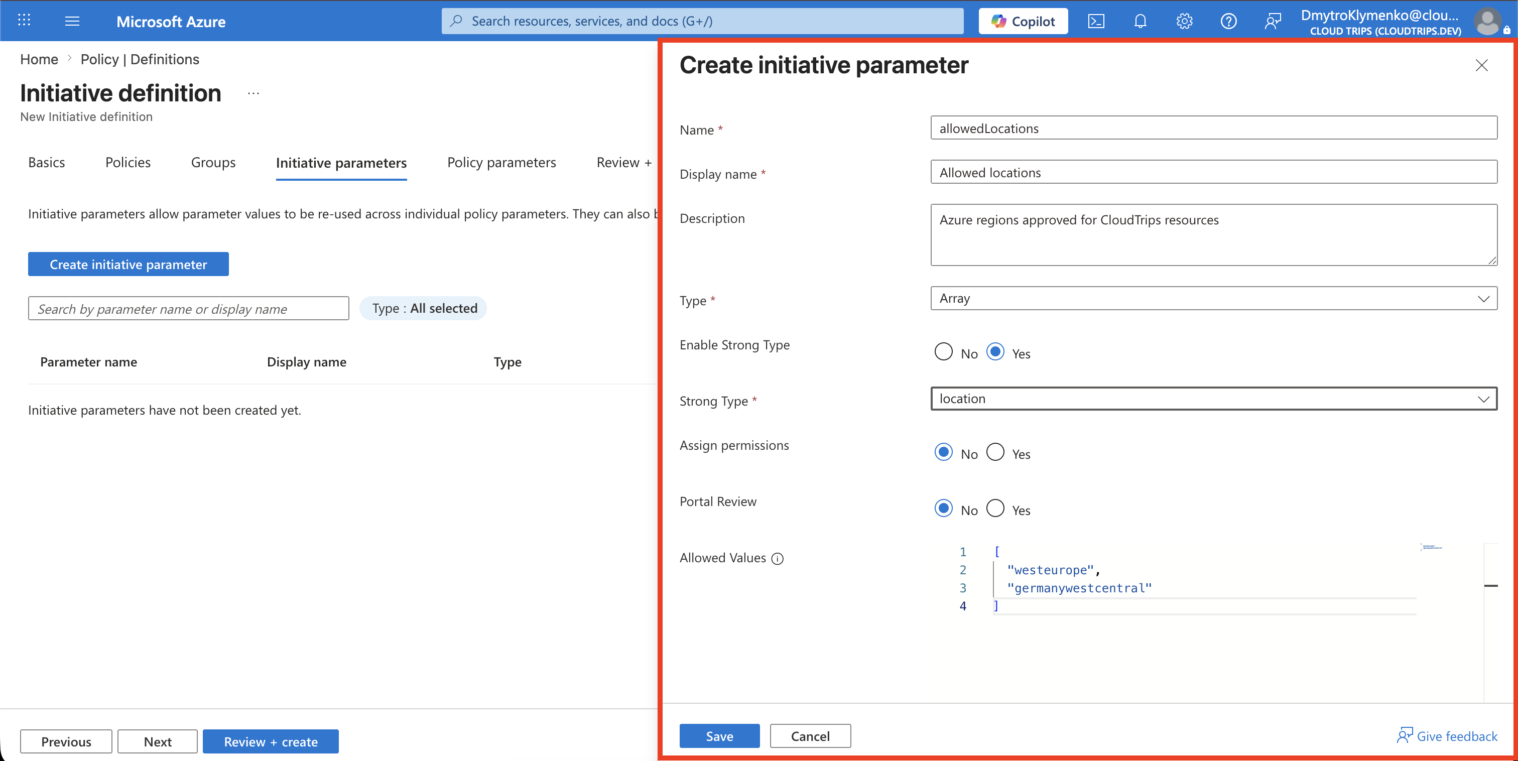 Allowed locations initiative parameter with the approved Azure regions entered