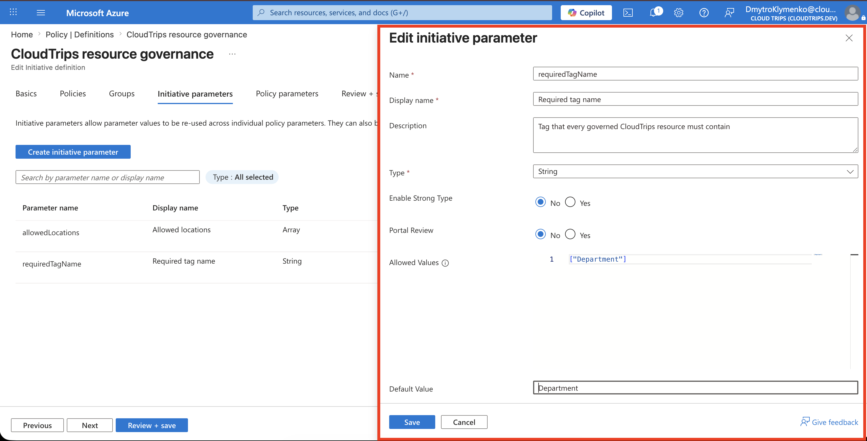 Required tag name initiative parameter restricted to Department