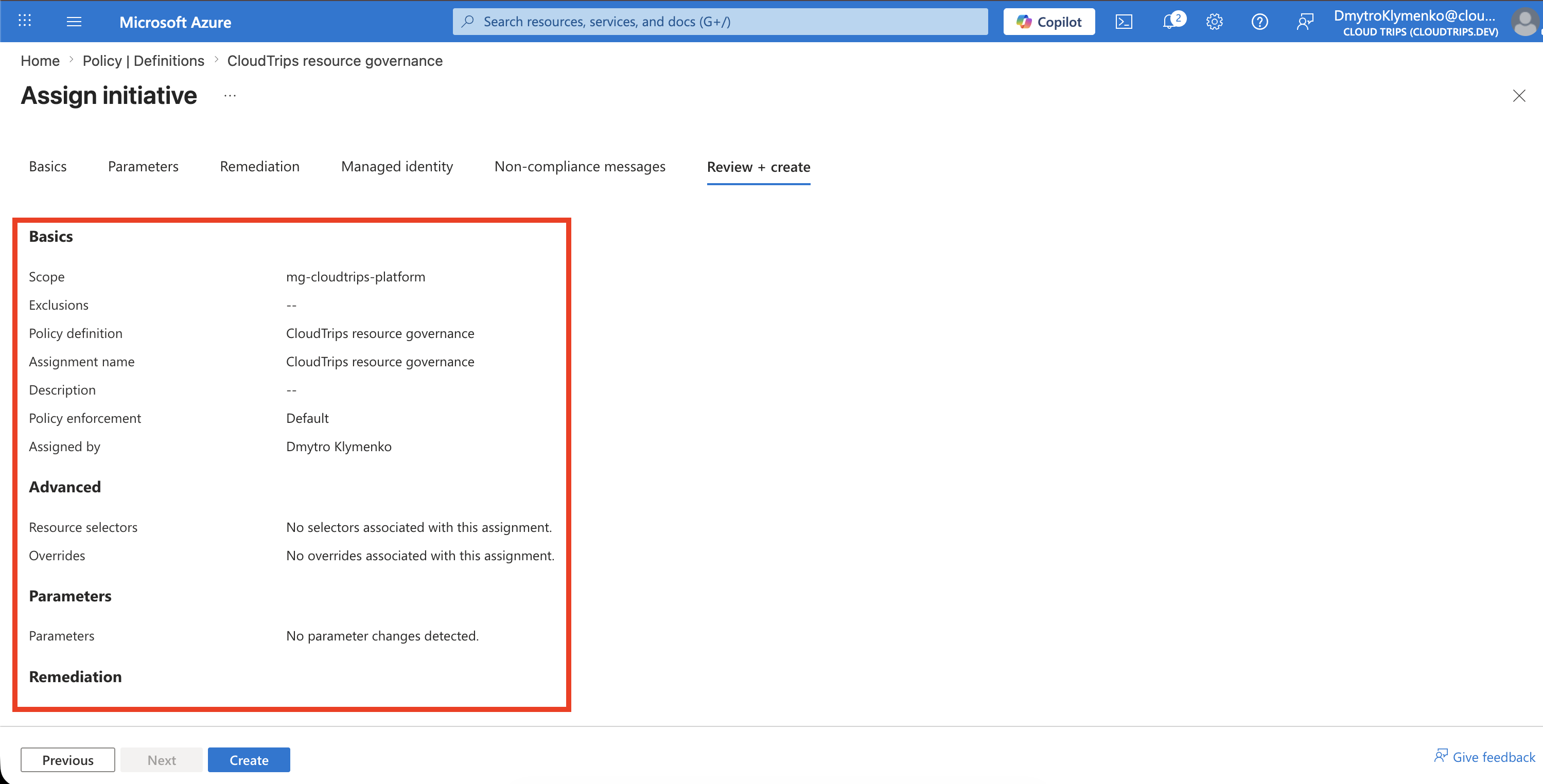 CloudTrips resource governance initiative assignment ready to create