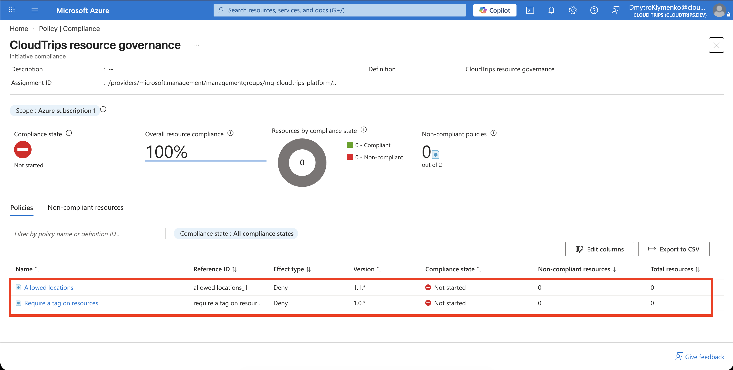 Compliance details showing both policies in the CloudTrips initiative