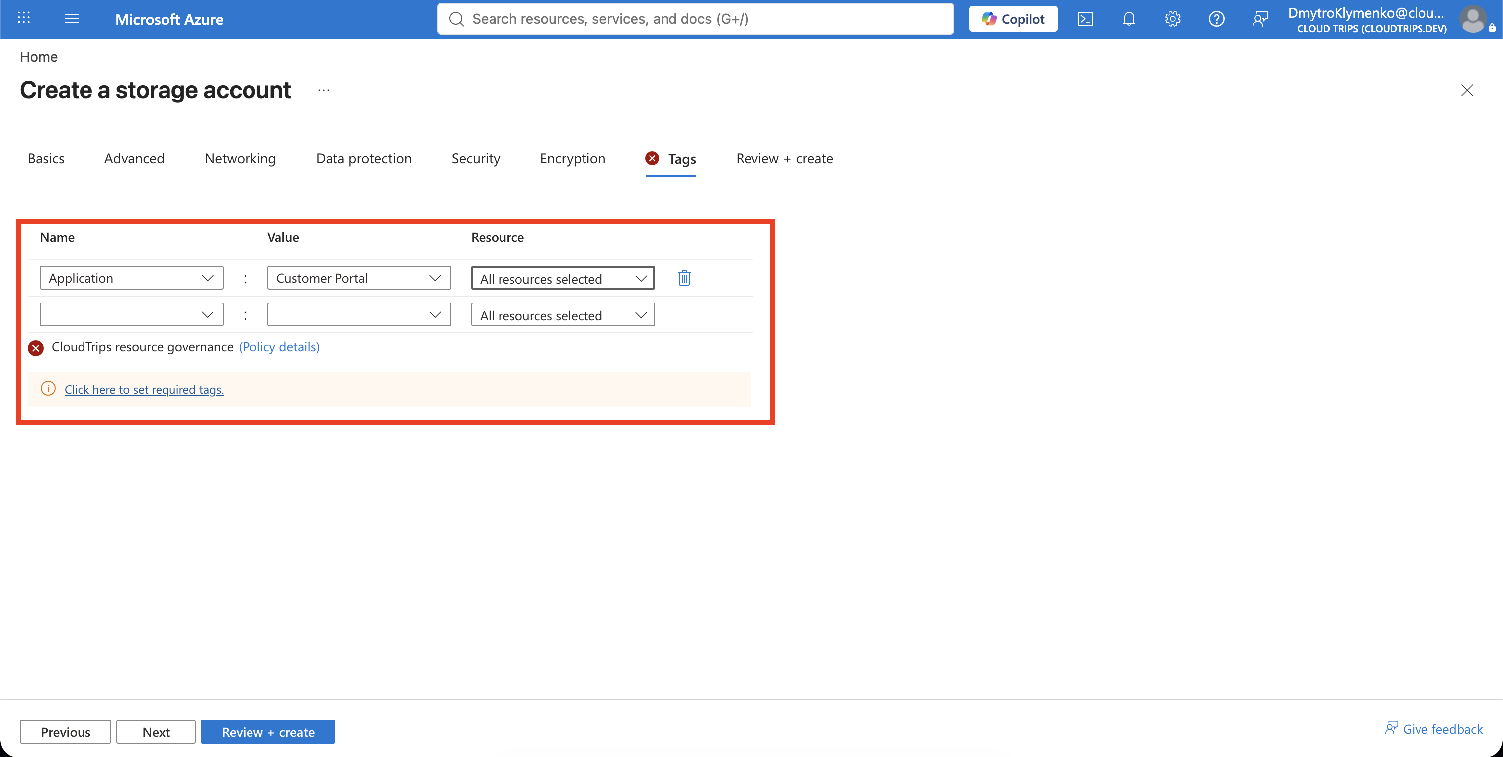 Deployment validation showing the missing Department tag policy violation