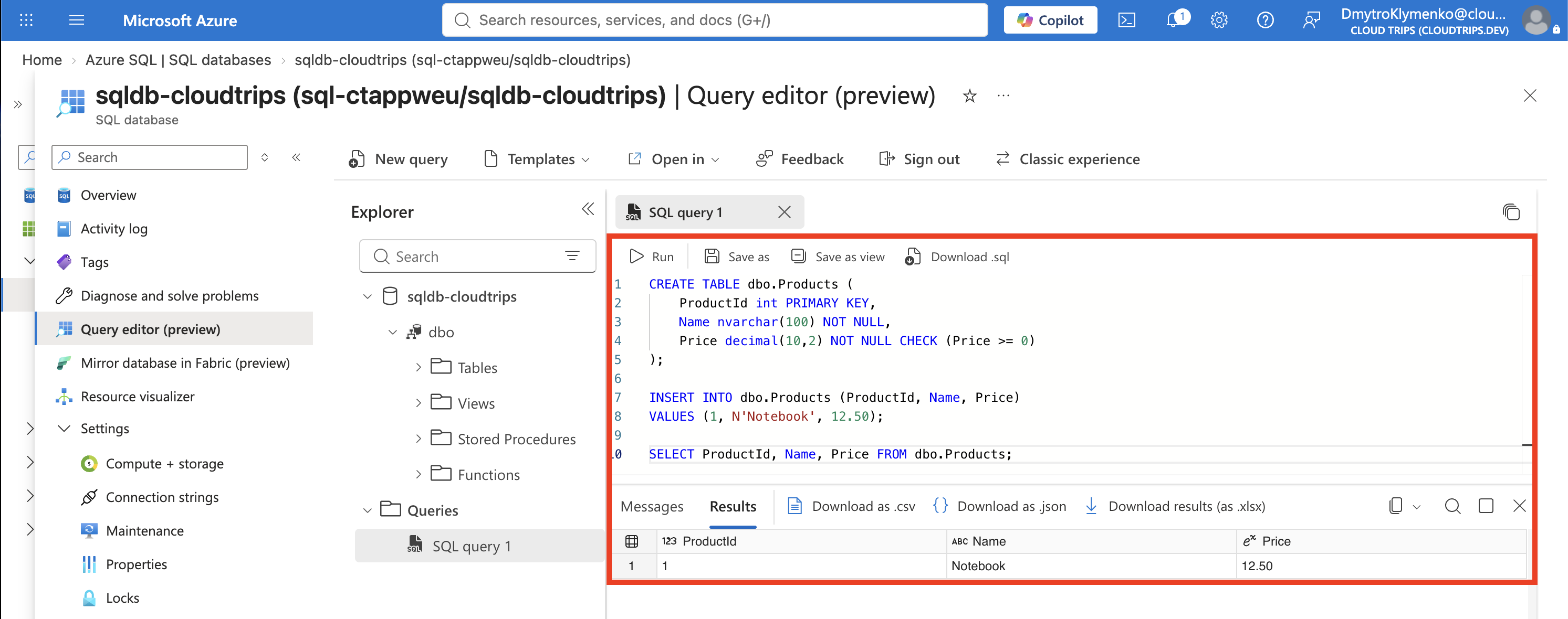 Query editor showing one Products row with ProductId 1, Name Notebook, and Price 12.50