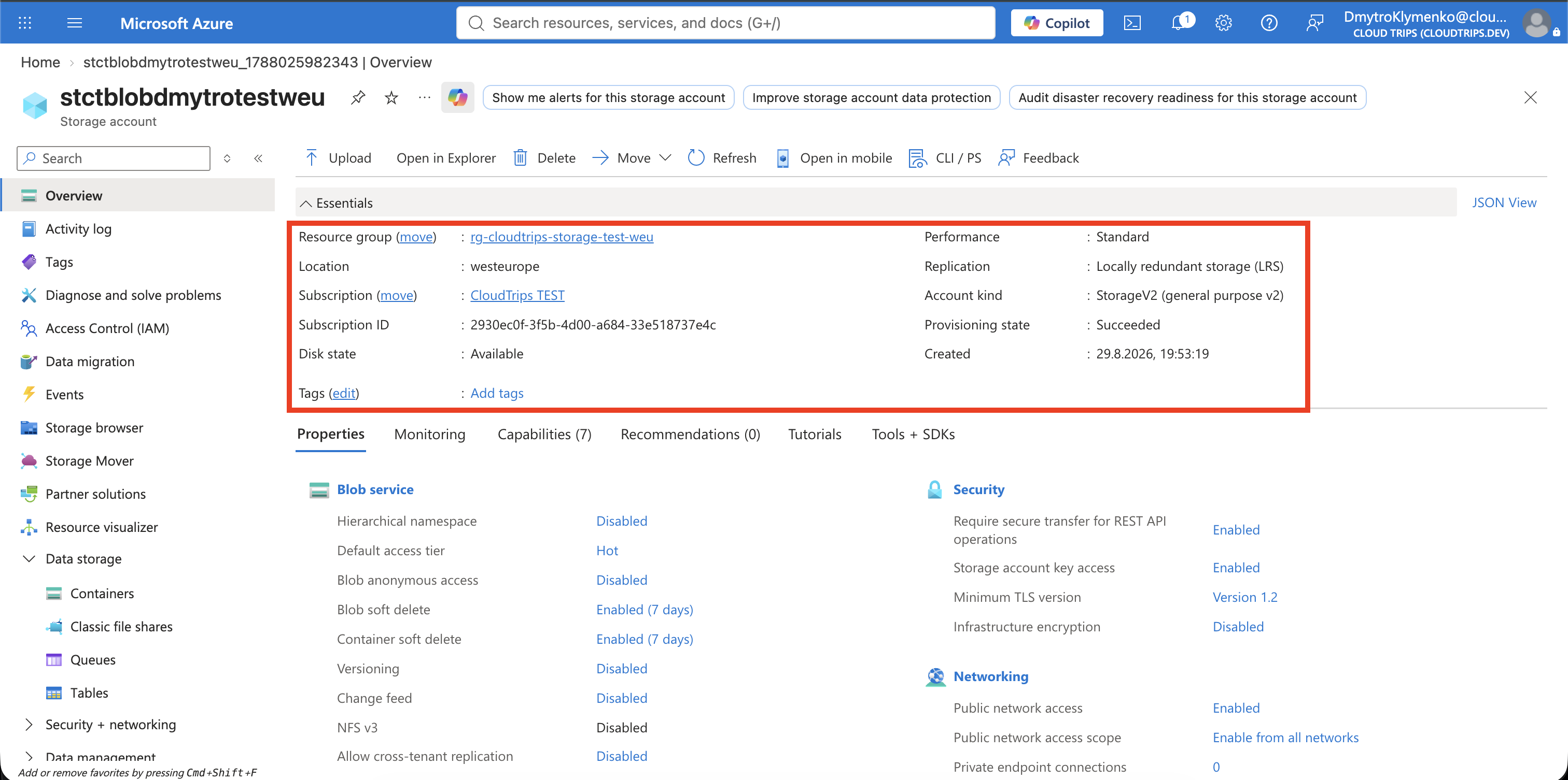 Storage-Account-Übersicht mit Accountname, Region West Europe, Standard-Performance und LRS-Redundanz
