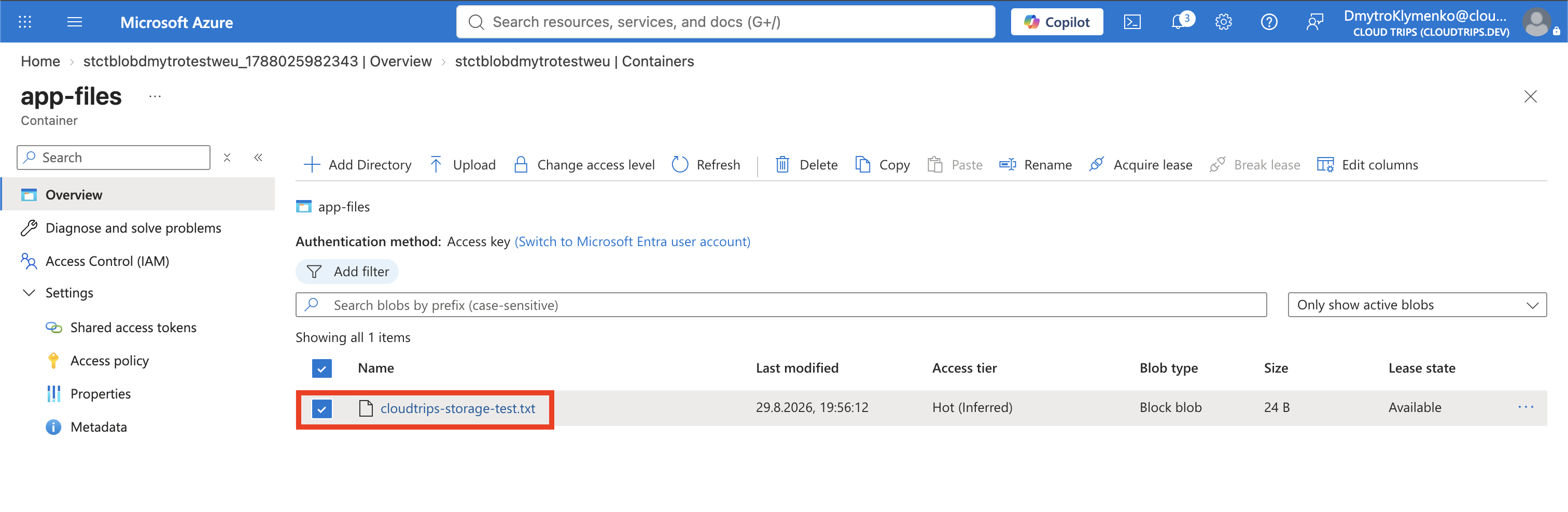 Privater app-files-Container mit hochgeladenem Blob cloudtrips-storage-test.txt
