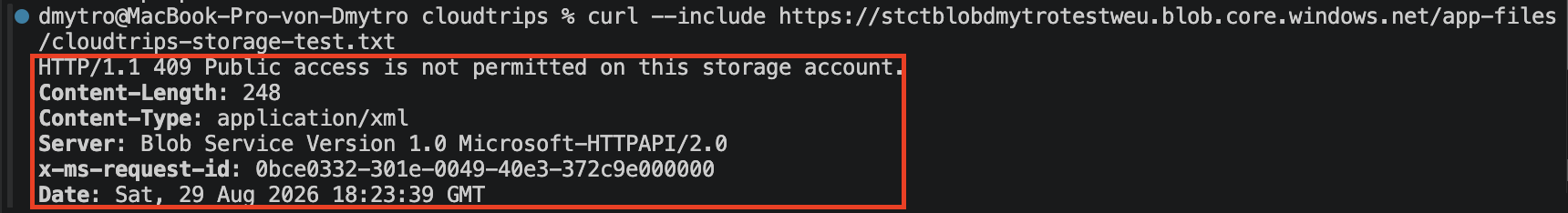 Terminal mit verweigertem anonymem Zugriff auf den privaten Blob