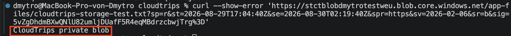 Terminal mit erfolgreichem Abruf der privaten Datei über die temporäre SAS-URL