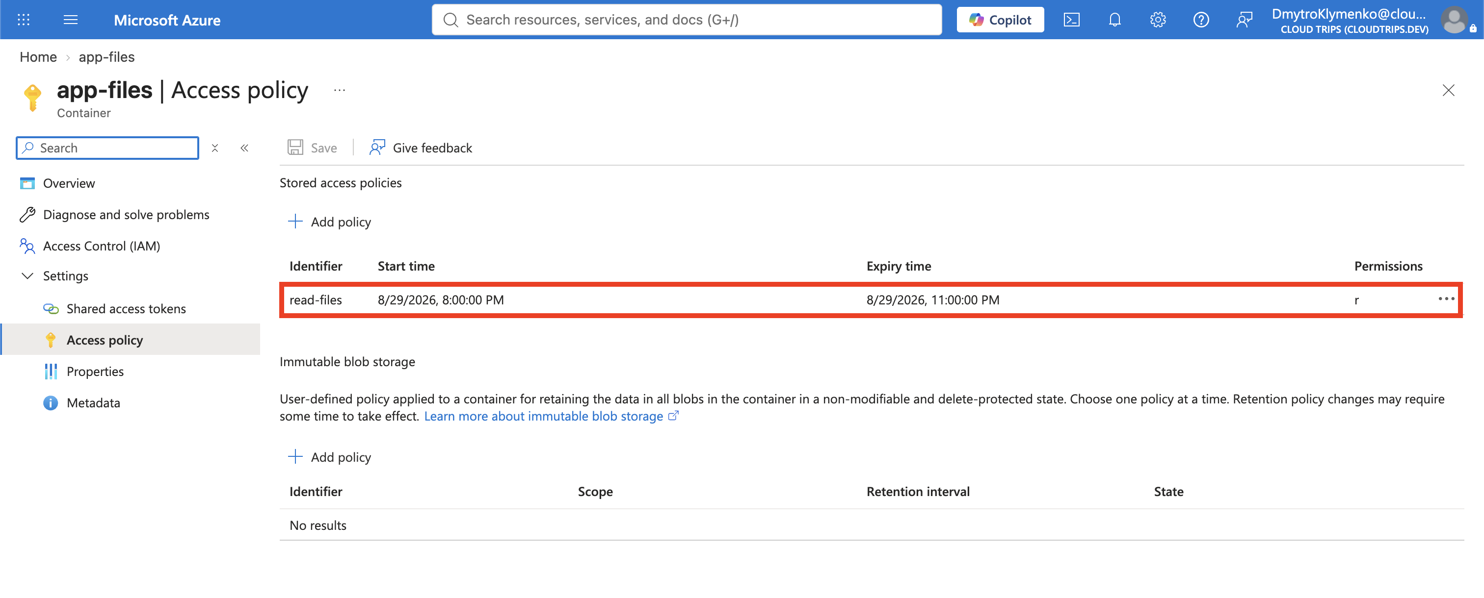 Access-policy-Bereich von app-files mit gespeicherter Stored Access Policy read-files
