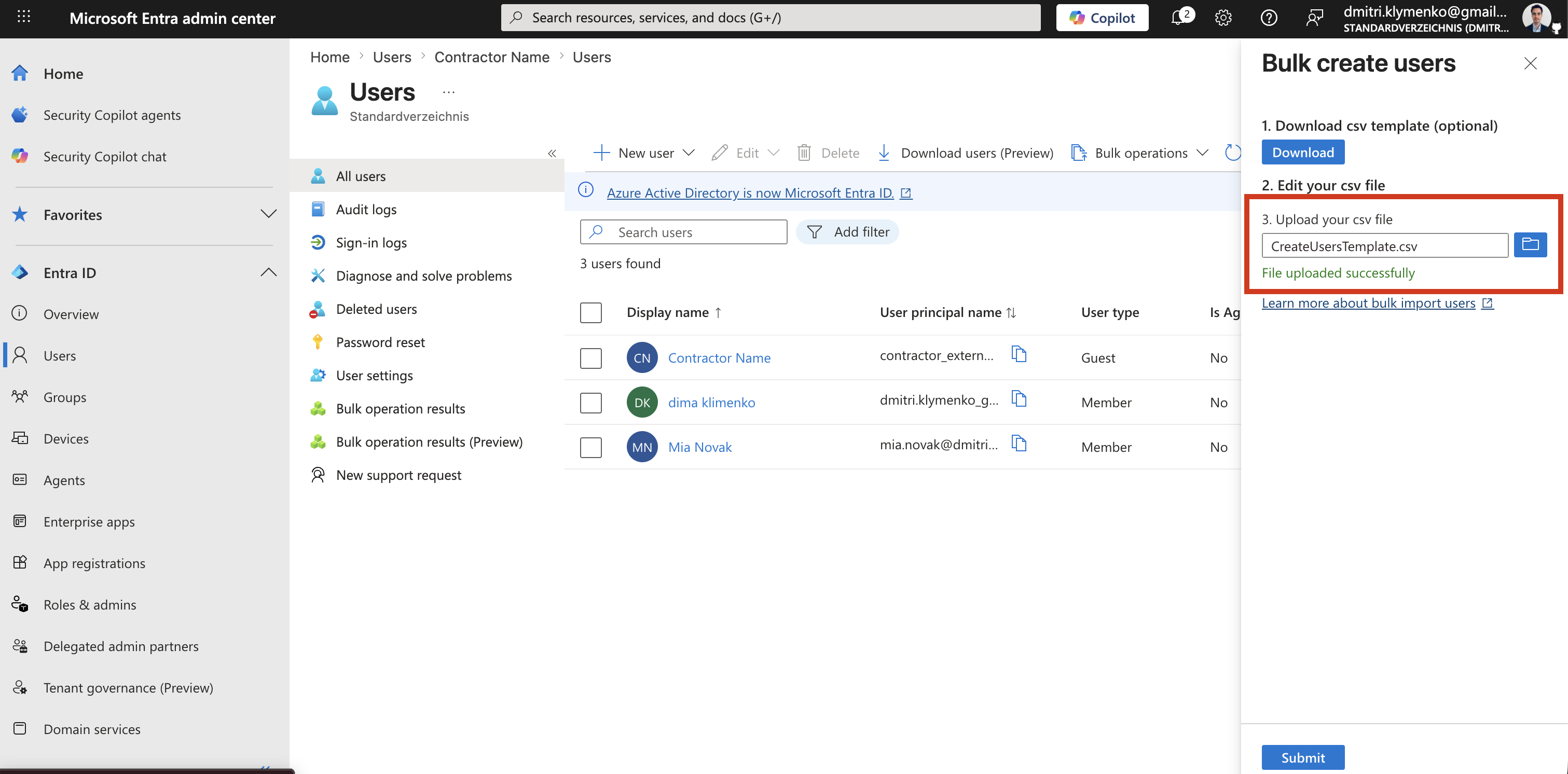 Microsoft Entra CSV upload screen with a file selected and the Submit button visible