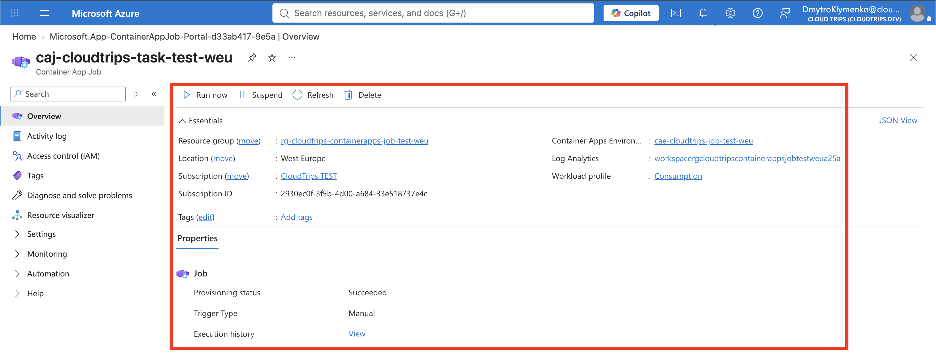 Container Apps Job overview showing the job name, environment, and Manual trigger type