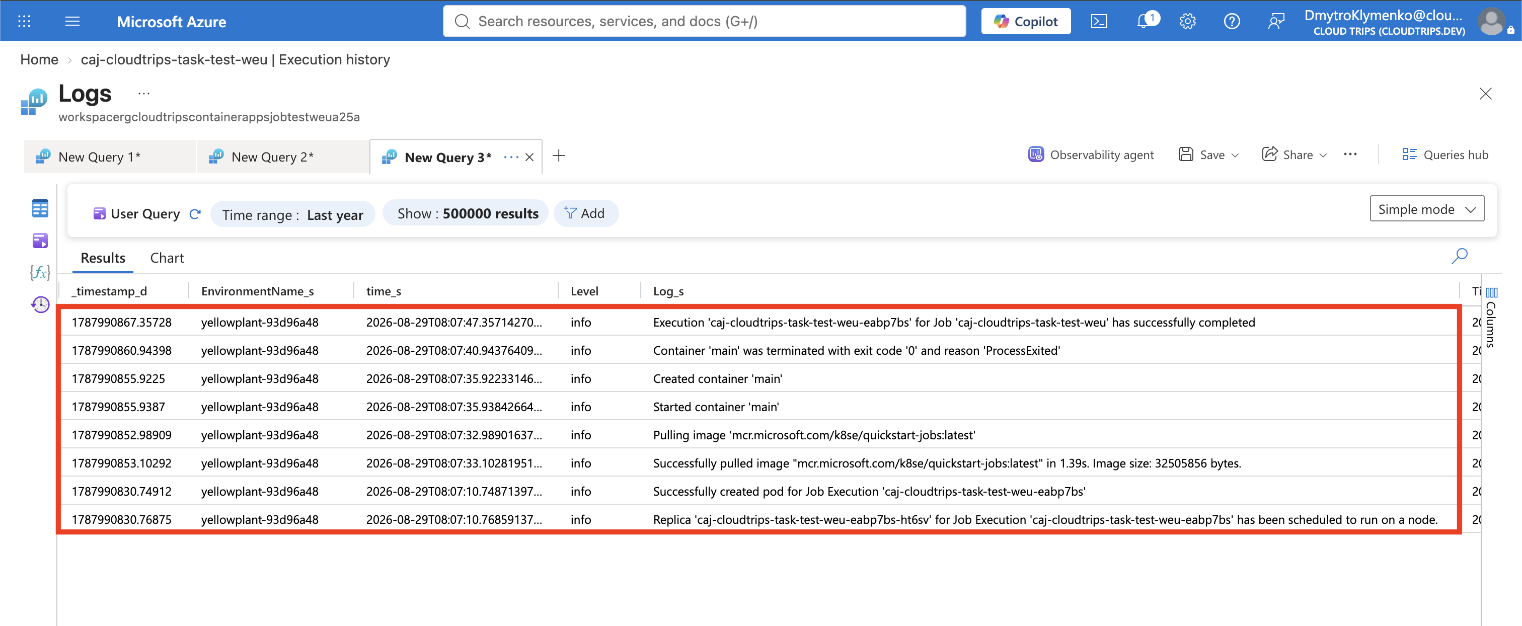 Container Apps Job execution logs showing the sample task completing