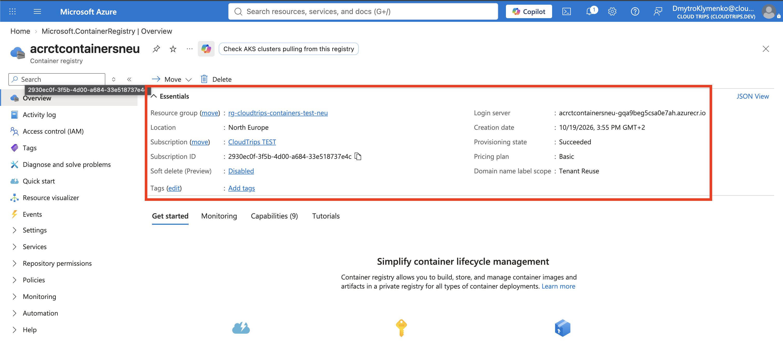 Übersicht der Azure Container Registry mit Name, Region North Europe, Tarif Basic und Login-Server.