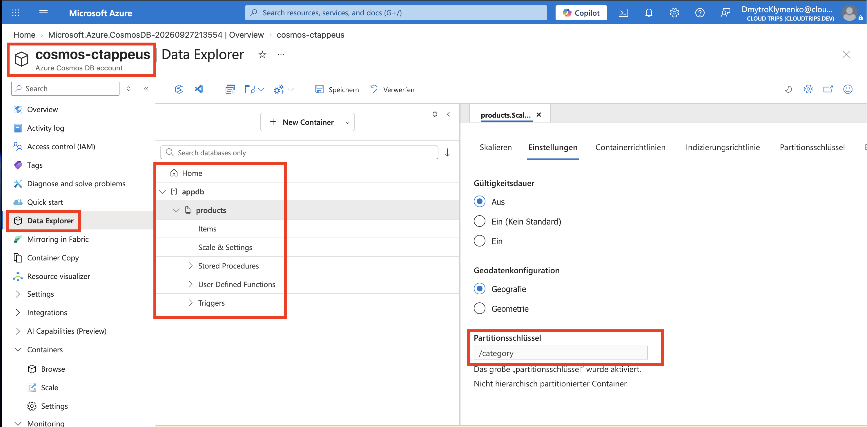 Data Explorer mit appdb und dem Container products mit Partitionsschlüssel /category und Autoscale-Maximum 1000 RU/s