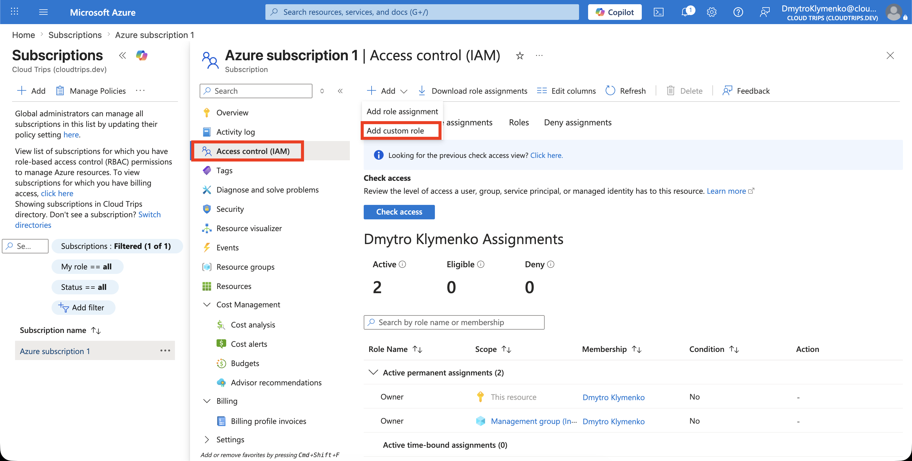 Azure subscription Access control IAM Roles tab with Add custom role available
