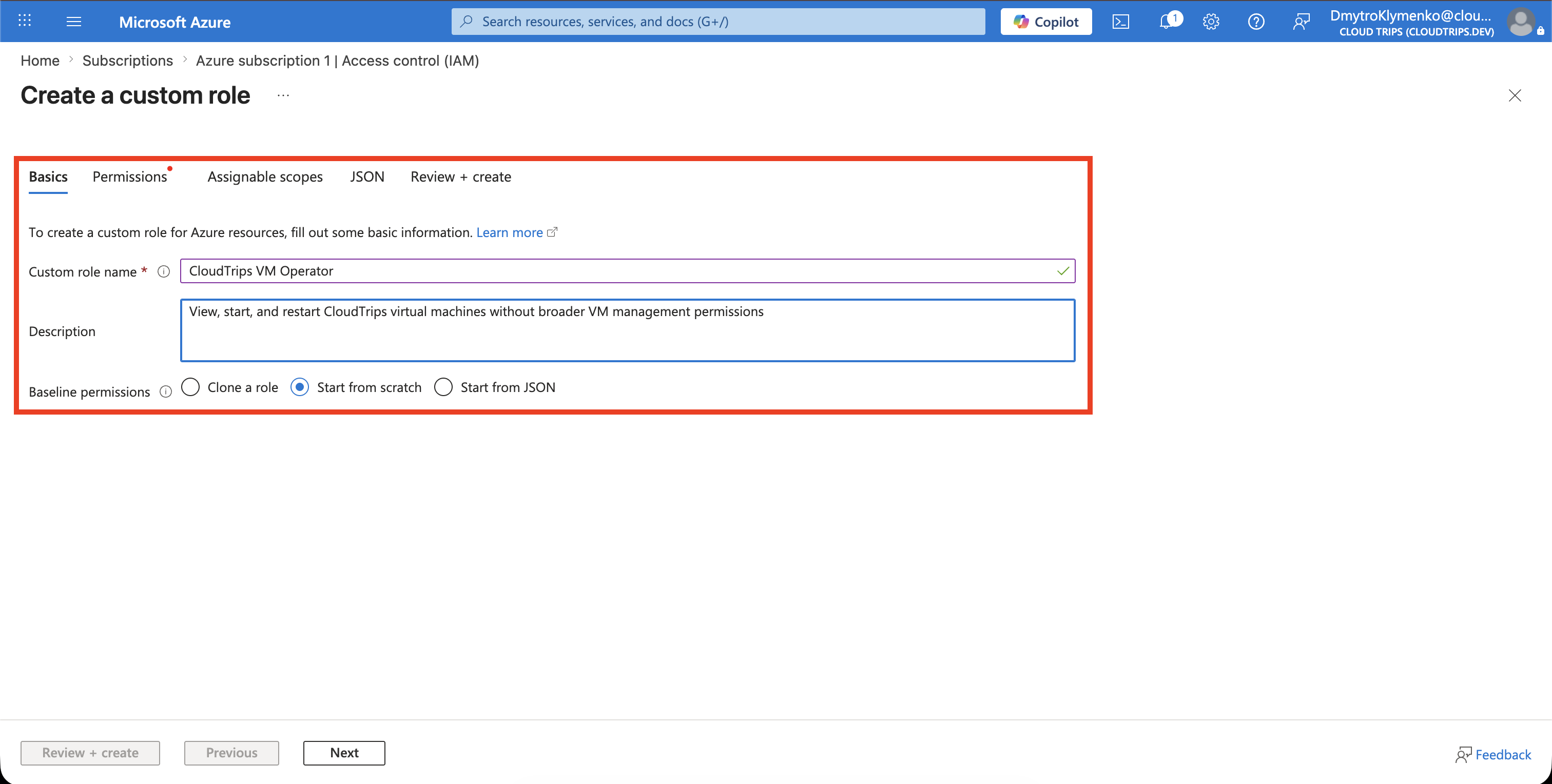 Custom role Basics tab with the CloudTrips VM Operator name and description