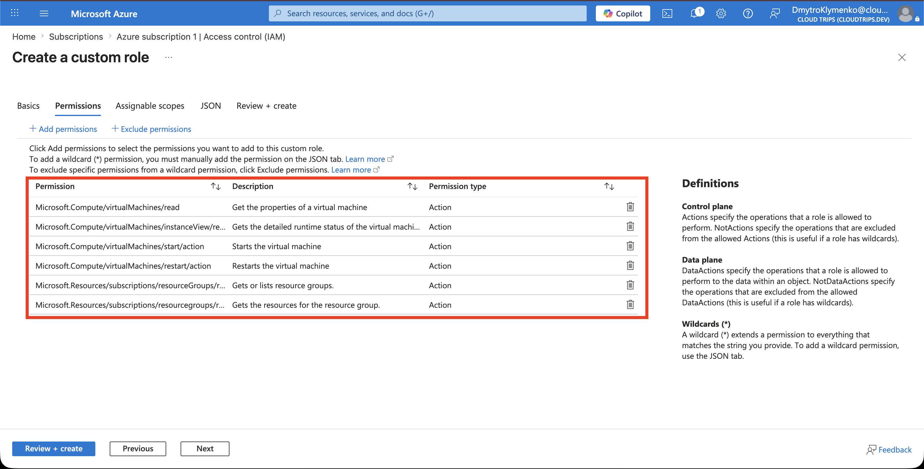 Custom role Permissions tab showing only VM read, instance view, start, restart, and resource group read permissions