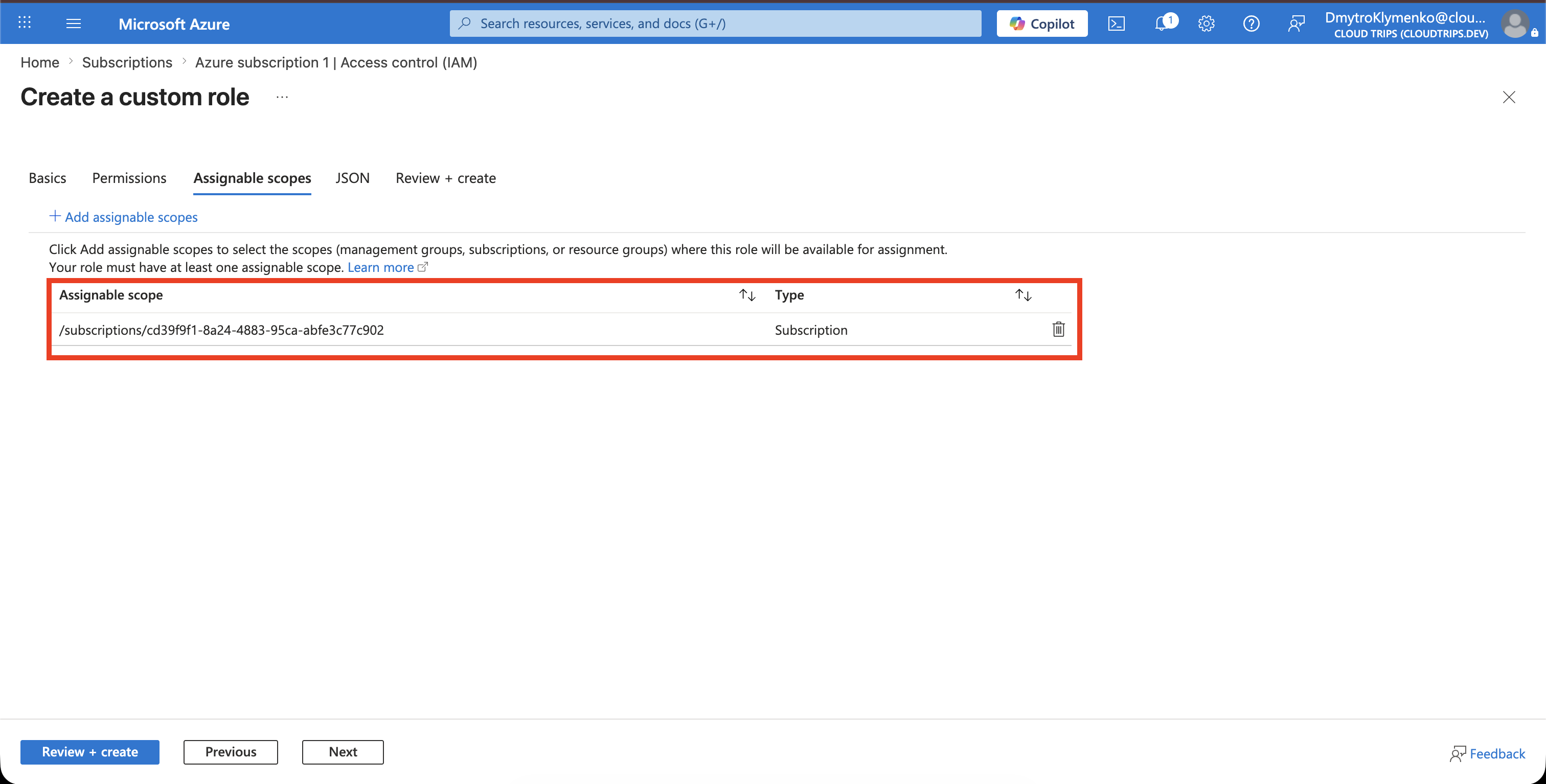 Custom role Assignable scopes tab showing Azure subscription 1