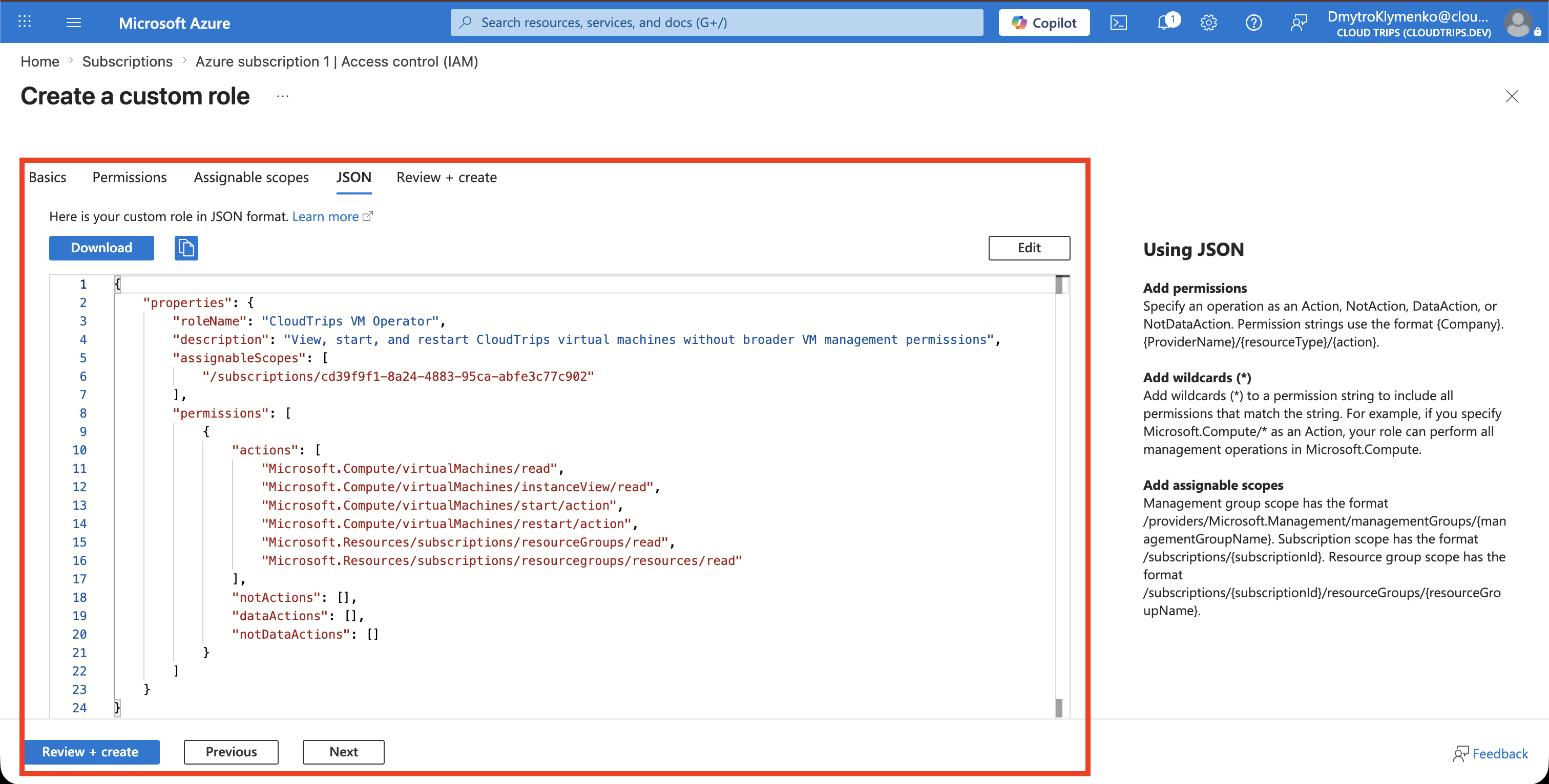 Custom role JSON tab showing the permissions and assignable subscription scope