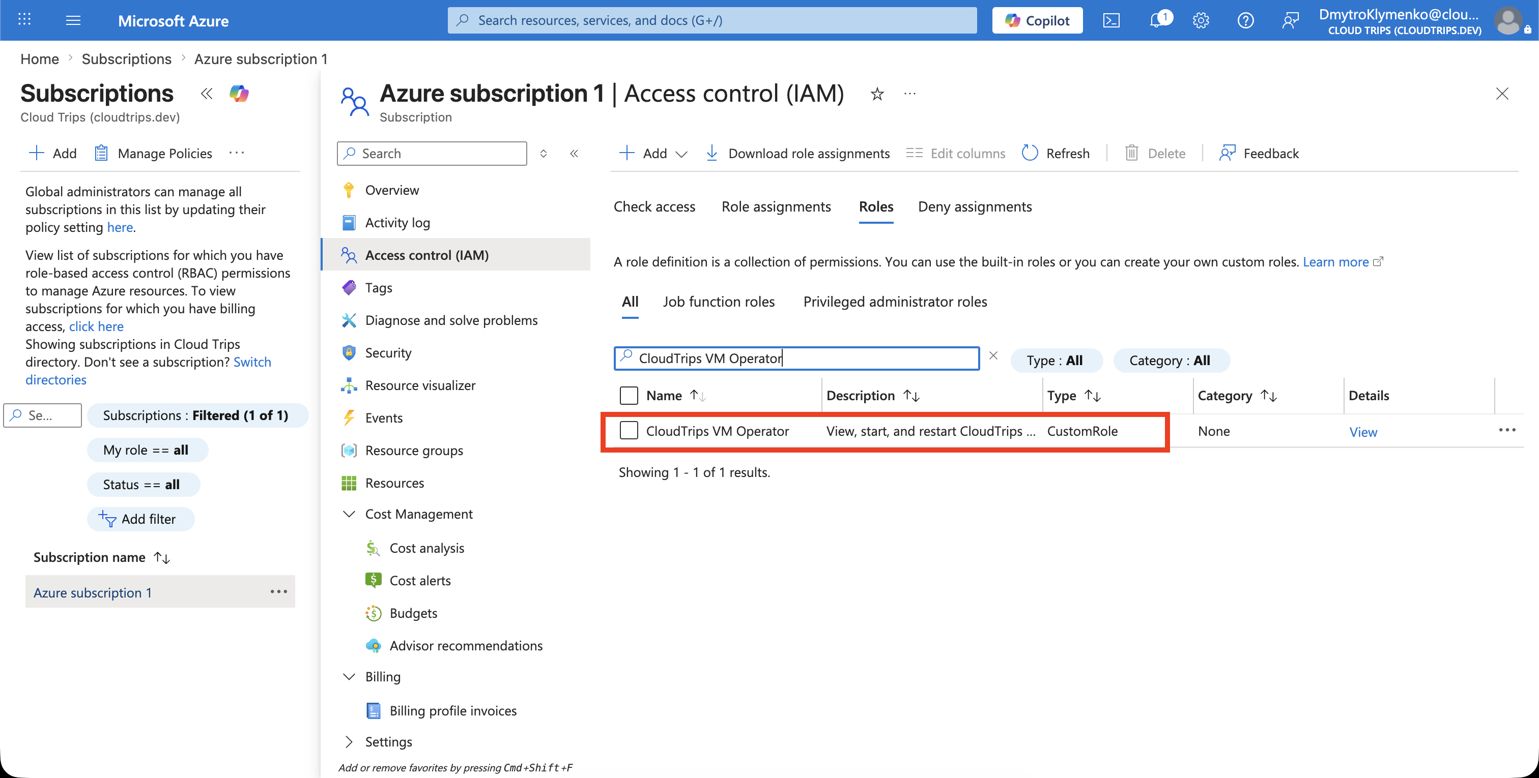 Azure Roles list showing the CloudTrips VM Operator custom role